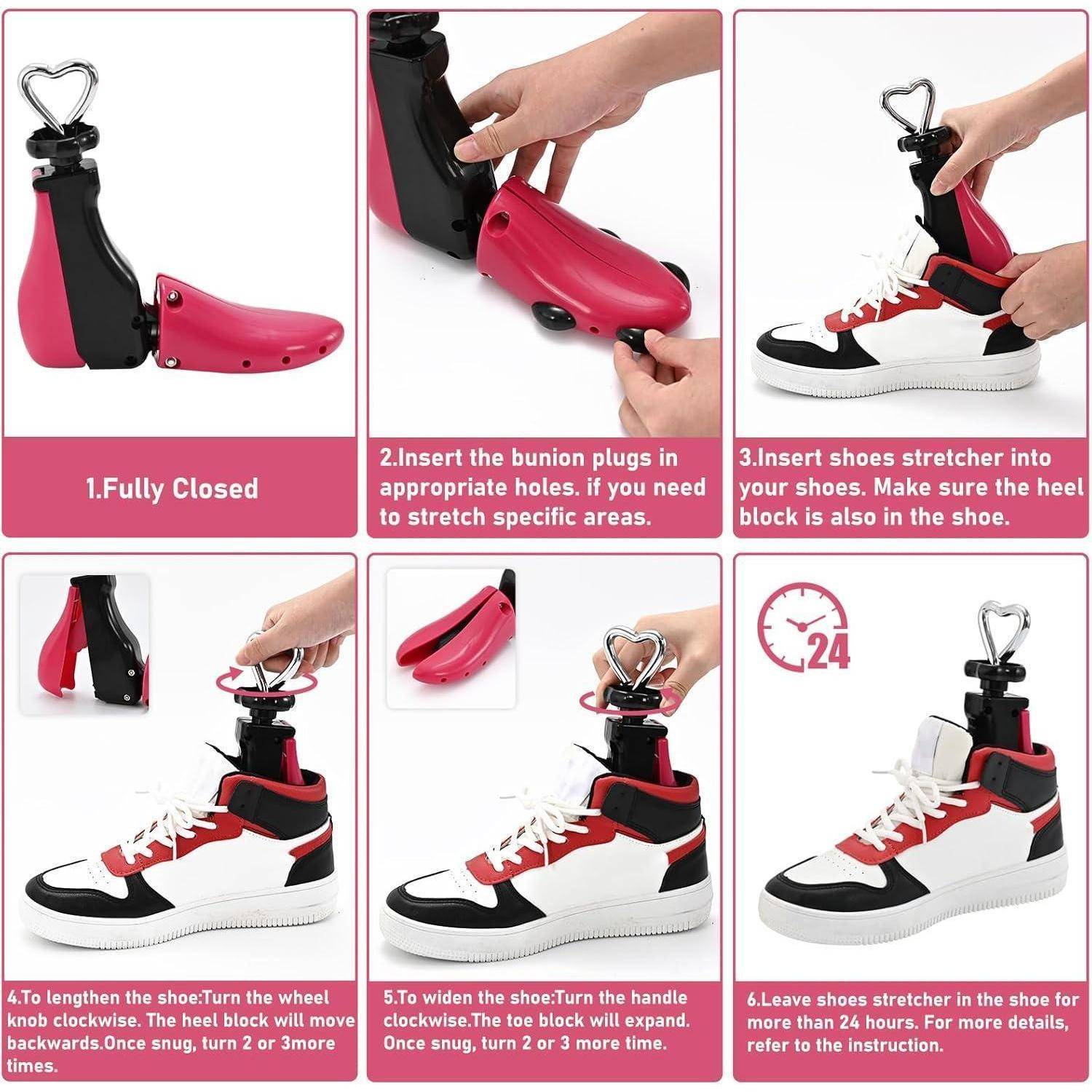 Anleitung zur Verwendung des Schuhspanners: 1.Spanner vollständig schließen. 2.Stifte einsetzen. 3.In den Schuh einführen. 4.Verlängern. 5.Verbreitern. 6.24 Stunden ruhen lassen.
