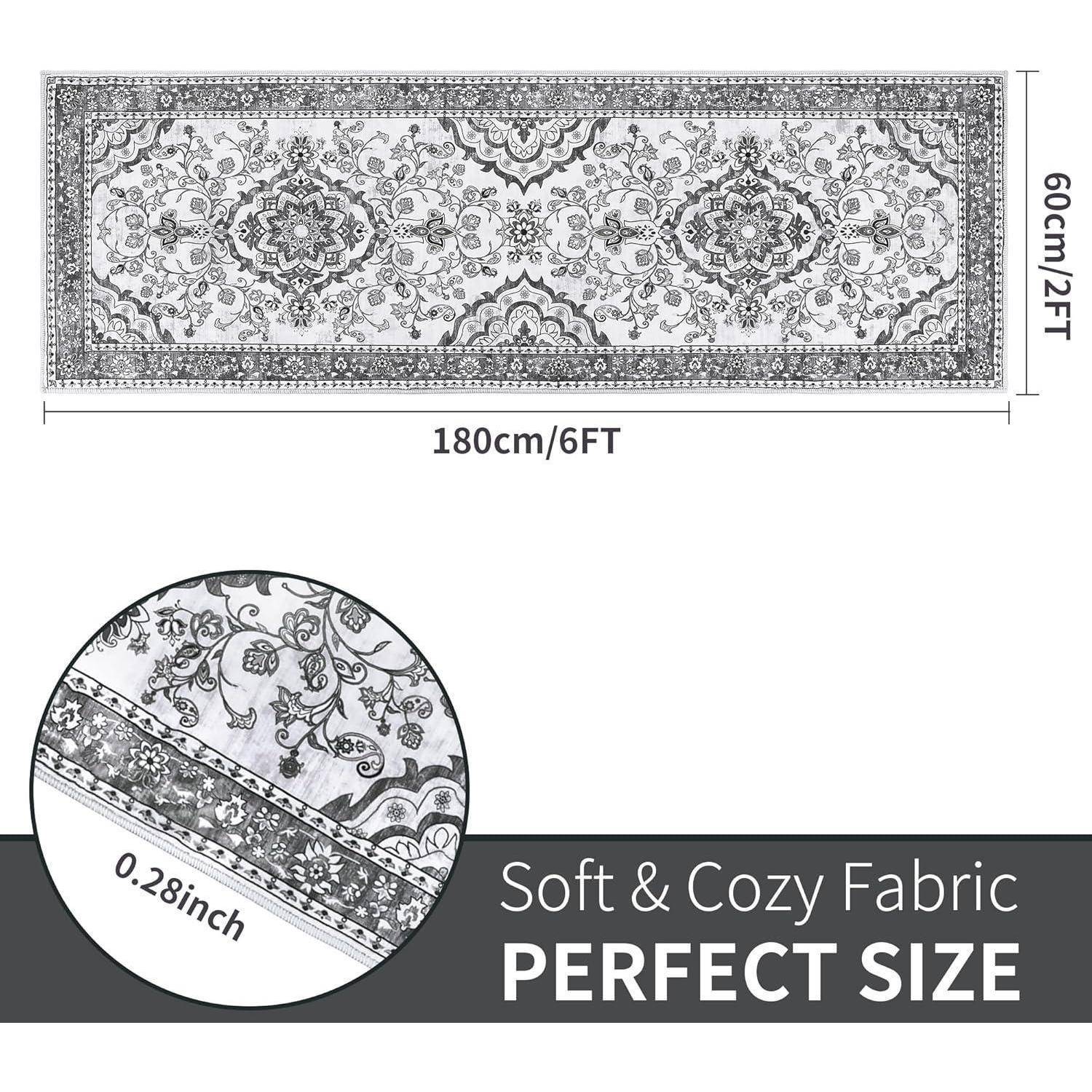 Ein dekorativer Teppich mit komplexen Blumenmustern, gekennzeichnet als 180 cm/6 FT x 60 cm/2 FT, mit einer Stoffdicke von 0,28 Zoll. Text lautet: 