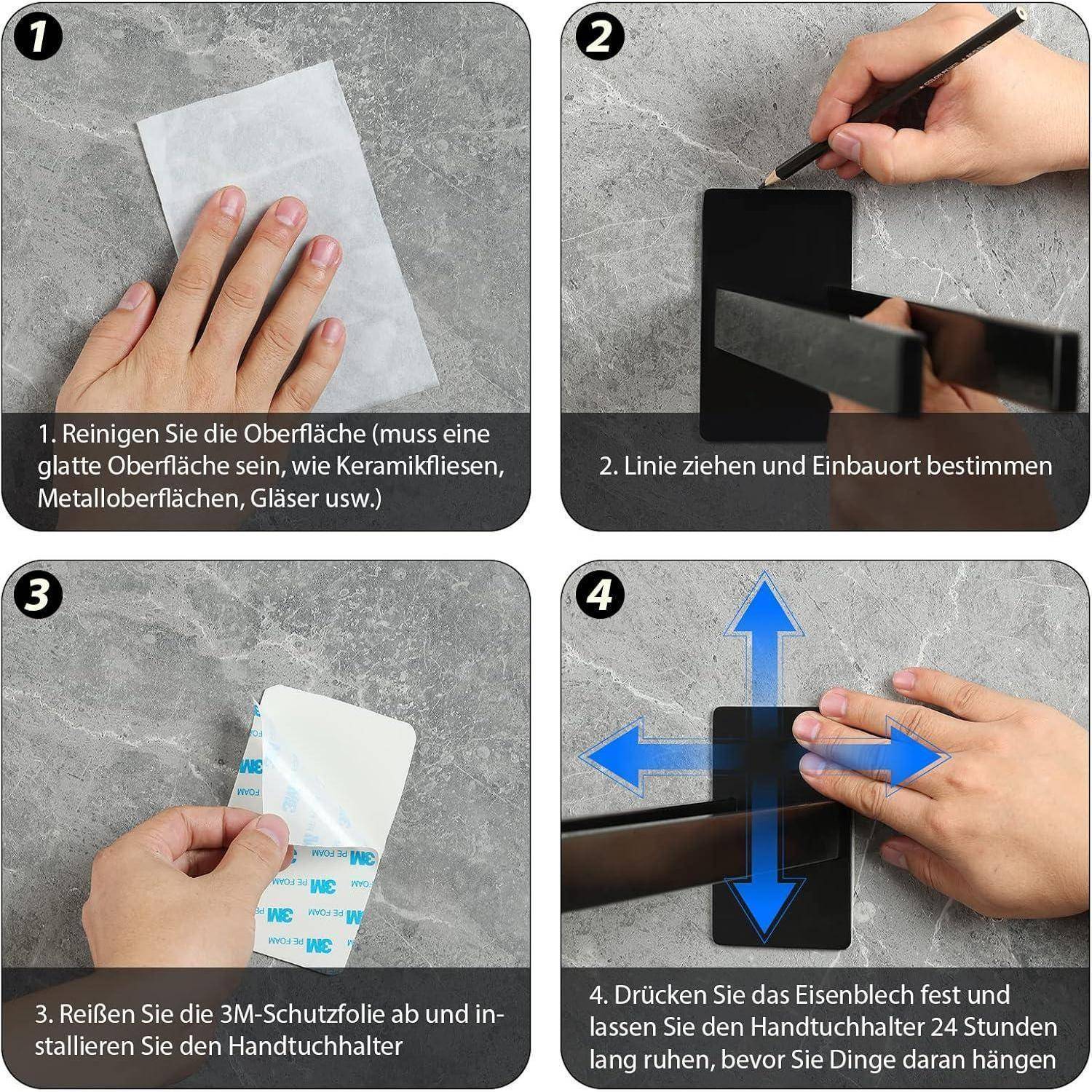 Vierschrittige Anleitung zum Anbringen eines Handtuchhalters: 1. Oberfläche reinigen. 2. Linie markieren. 3. Klebeschicht abziehen. 4. Anbringen und fest andrücken.