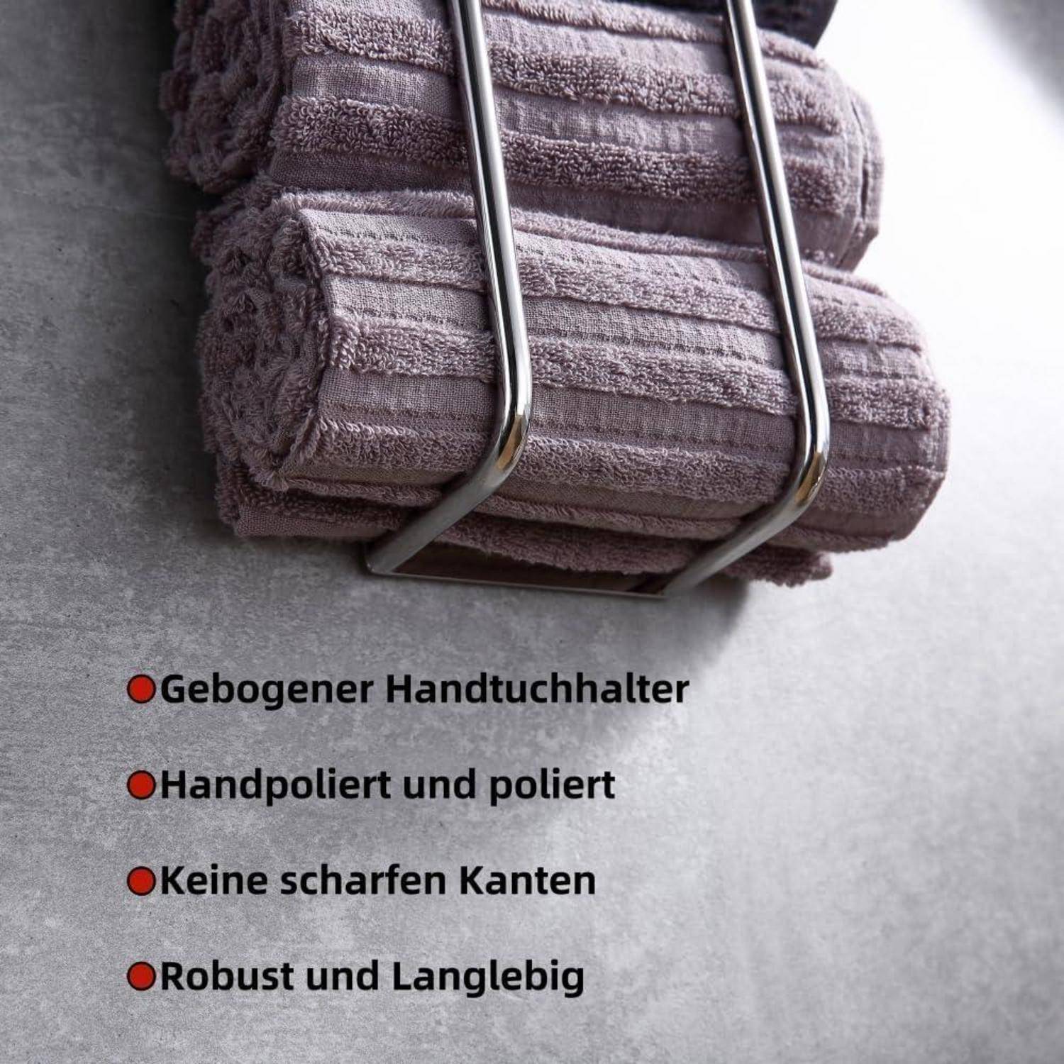 Zwei aufgerollte Handtücher auf einem geschwungenen Handtuchhalter über einer Liste auf Deutsch, die die Produkteigenschaften beschreibt, einschließlich polierter Oberfläche und Haltbarkeit.