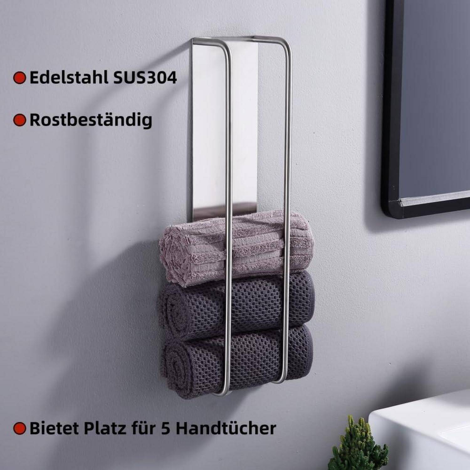 Wandmontierter Handtuchhalter für fünf Handtücher, hergestellt aus Edelstahl 304. Text im Bild: 'Edelstahl SÜS304, Rostbeständig, Bietet Platz für 5 Handtücher