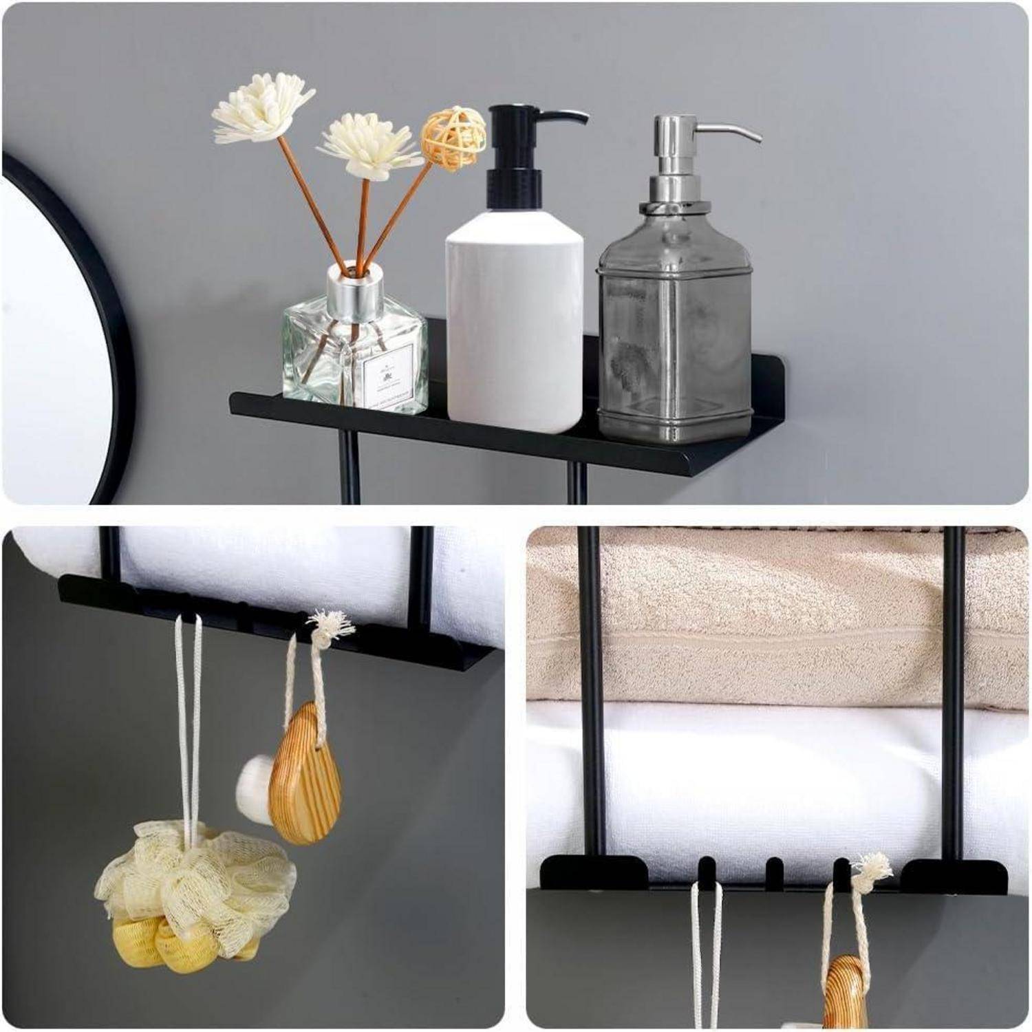 Wandmontiertes schwarzes Metallregal mit verschiedenen Toilettenartikeln und Handtüchern; verfügt über ein oberes Regal für Flaschen und Haken zum Aufhängen von Zubehör.