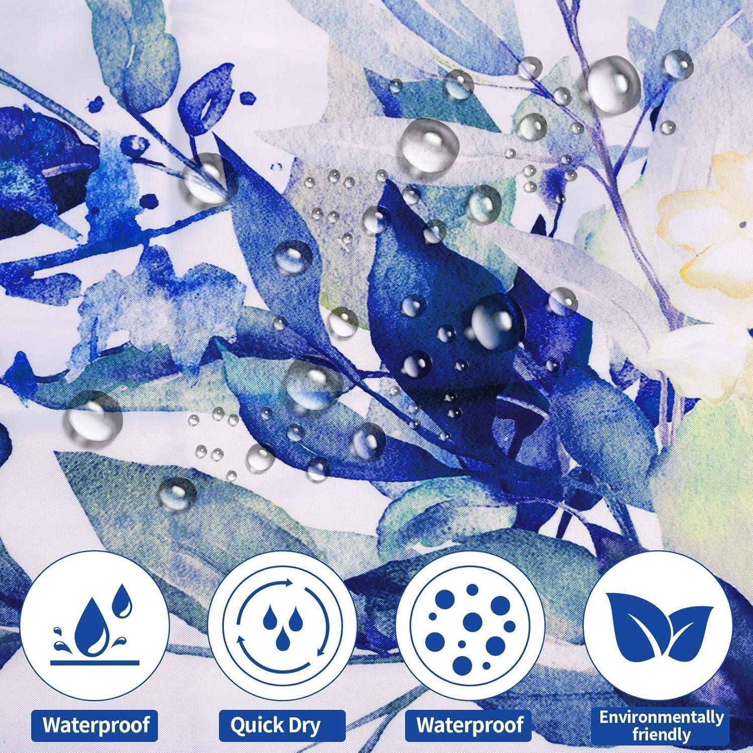 Farbenfrohes abstraktes Blattgemälde mit Wassertropfen. Icons am unteren Rand zeigen wasserabweisende und umweltfreundliche Eigenschaften.