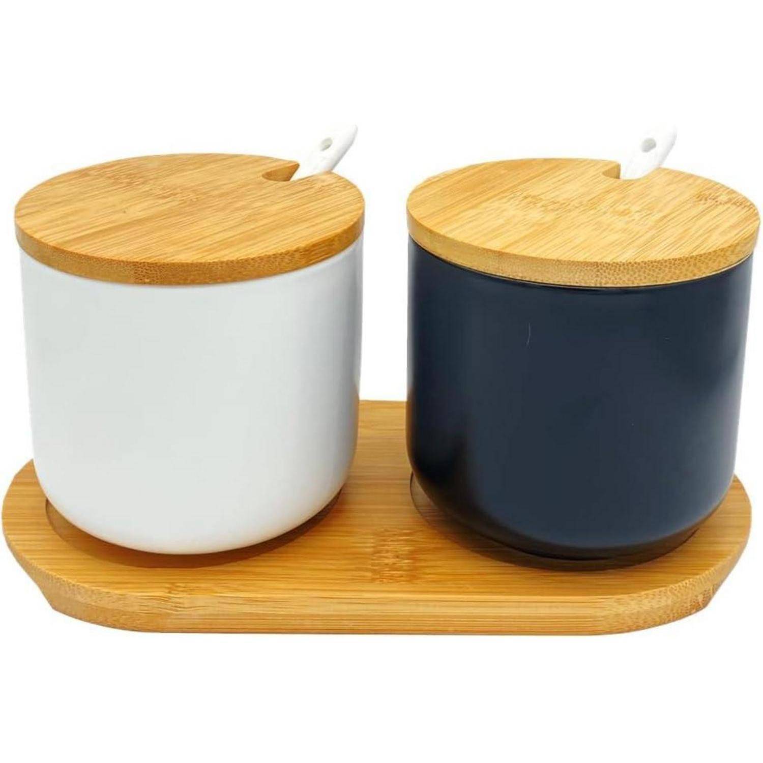 Gewürzdosen Keramik 2er Set Zuckerdose Salztopf 10cm Schwarz und Weiß