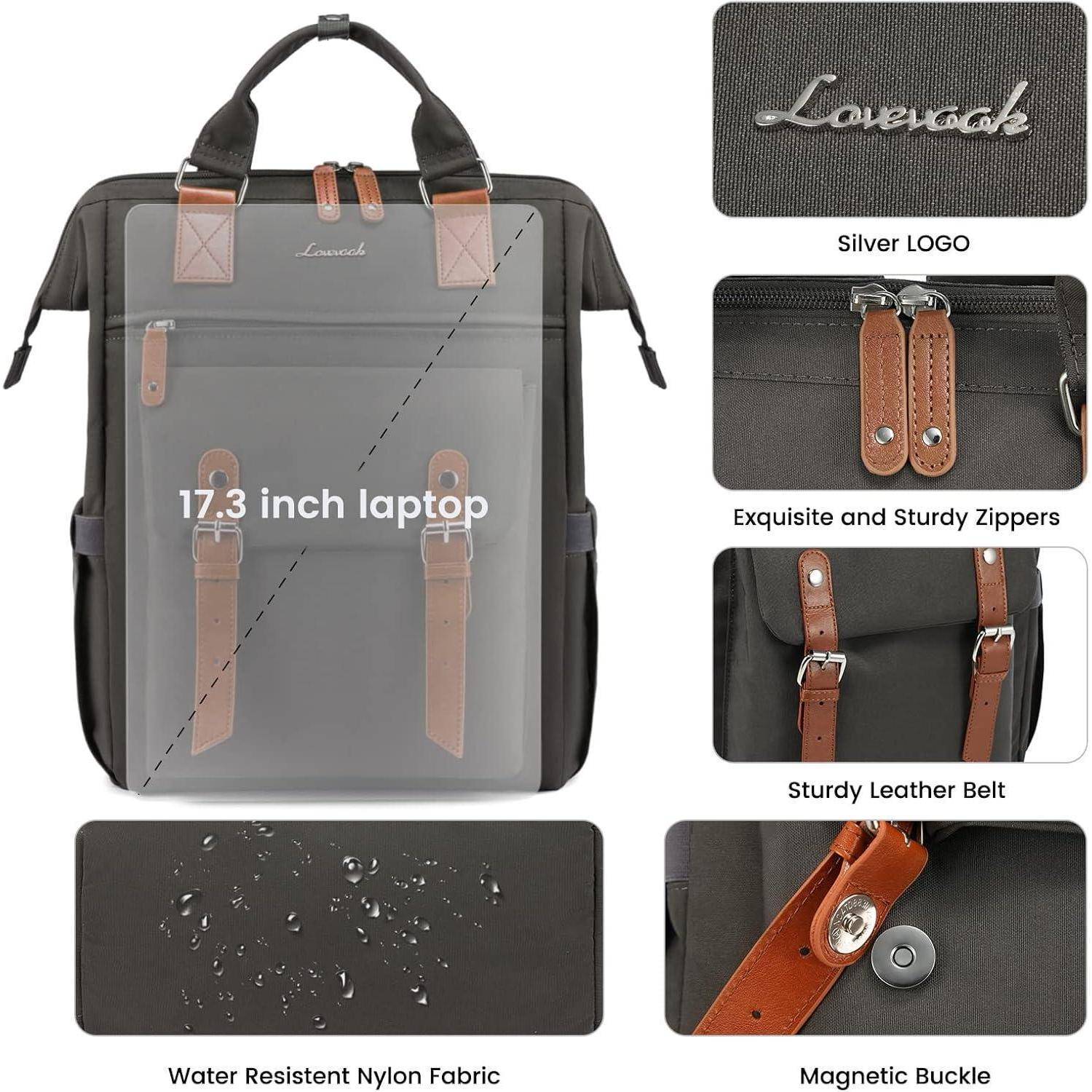 Ein schwarzer Rucksack mit Lederriemen und wasserdichtem Nylongewebe, ausgestattet mit robusten Reißverschlüssen, Magnetschnalle und 'Loverock' Logo.