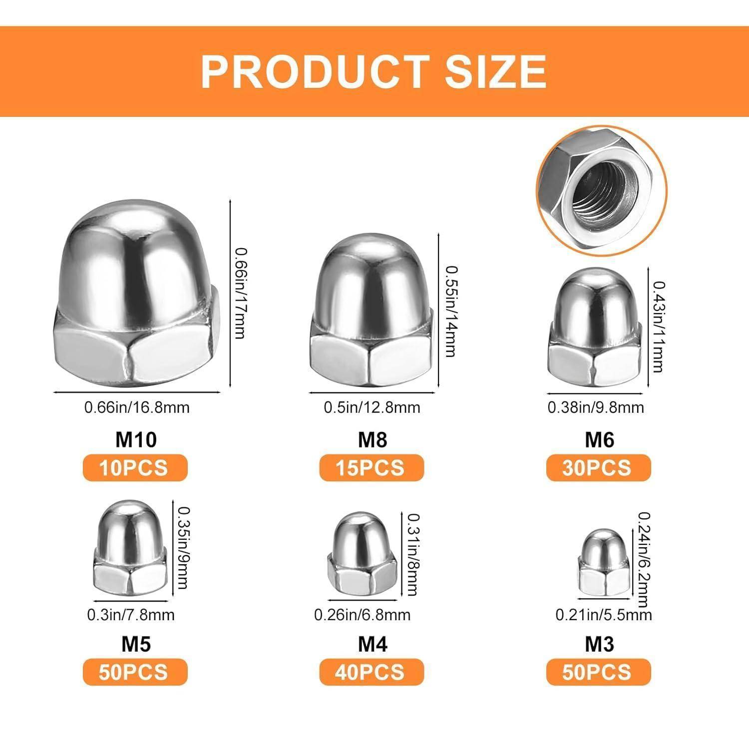 Hutmuttern Set 195 Stk Edelstahl M3 M4 M5 M6 M8 M10 hohe Form