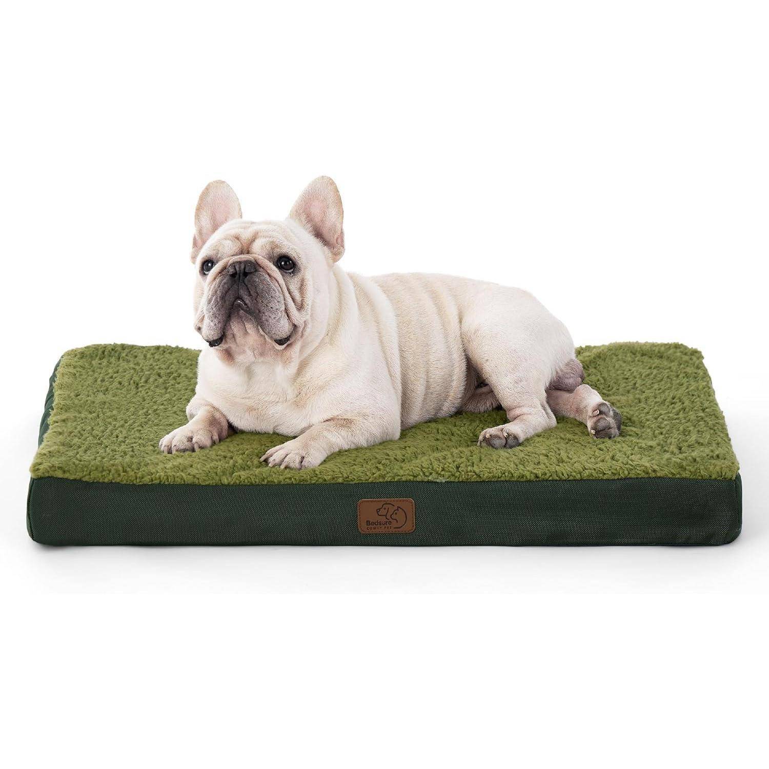 Ein Französische Bulldogge liegt auf einem grünen Hundebett, nach vorne blickend. Das Bett hat eine weiche, strukturierte Oberfläche und wirkt gemütlich und gepolstert.