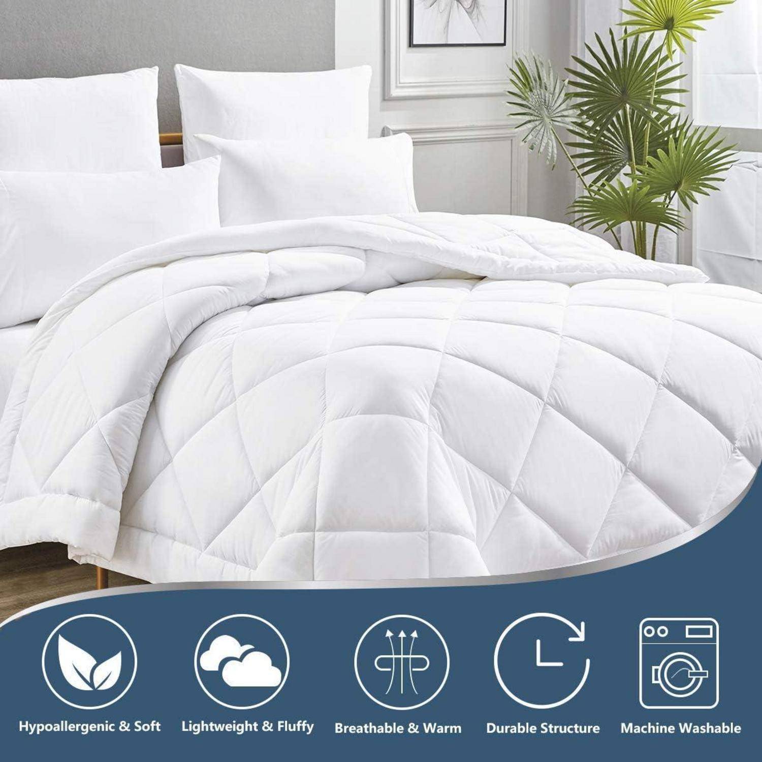 Weißes Bett mit einer gesteppten Bettdecke in einem hellen Raum. Icons darunter heben Merkmale hervor: hypoallergen, leicht, atmungsaktiv, langlebig, waschbar.