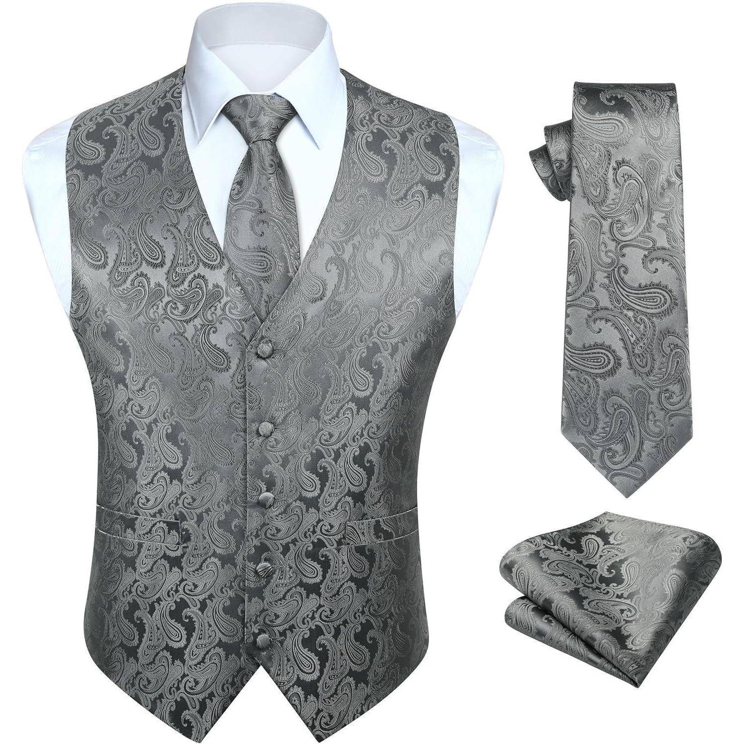 Weste Herren Jacquard Krawatte Einstecktuch Anzug Set M Grau-2