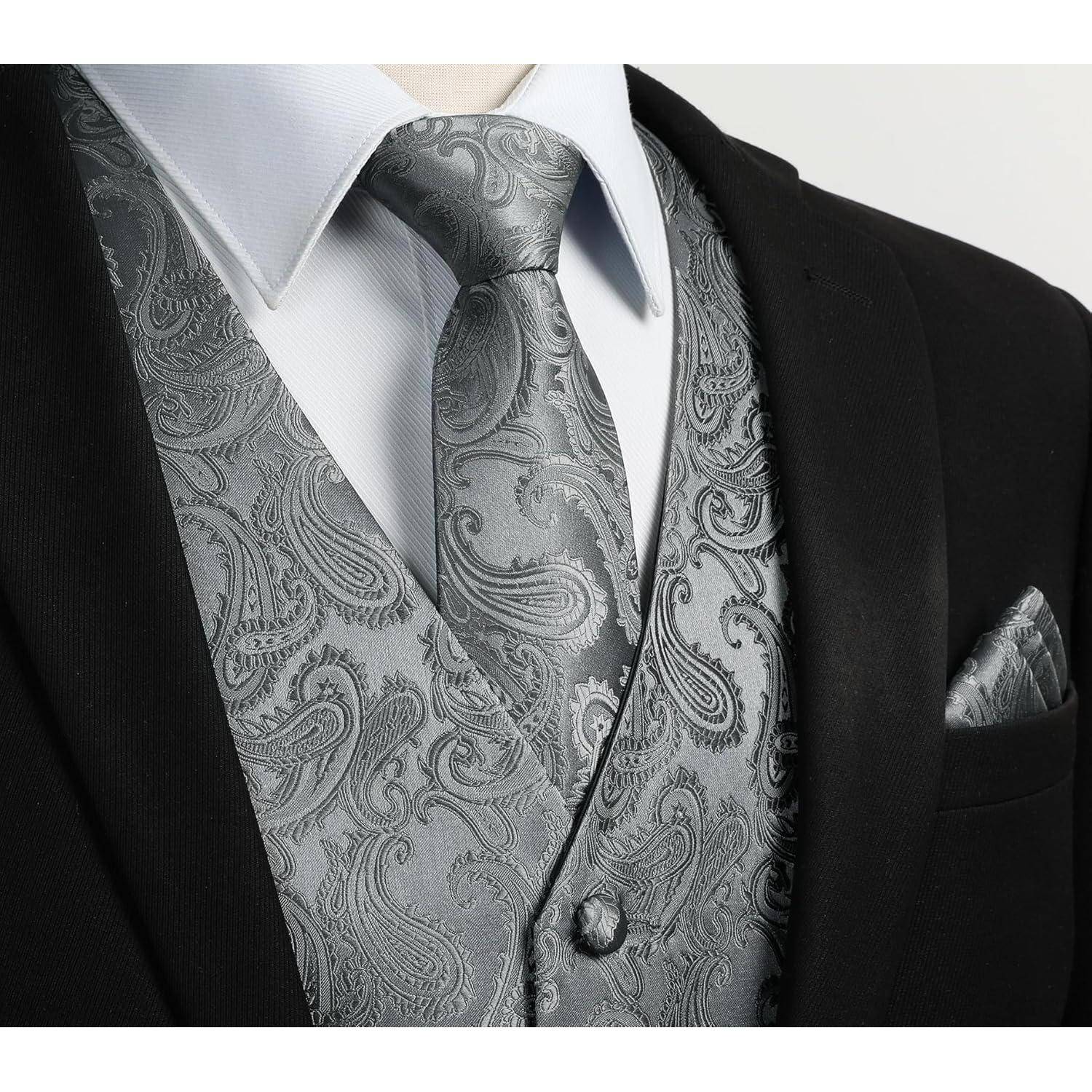 Weste Herren Jacquard Krawatte Einstecktuch Anzug Set M Grau-2