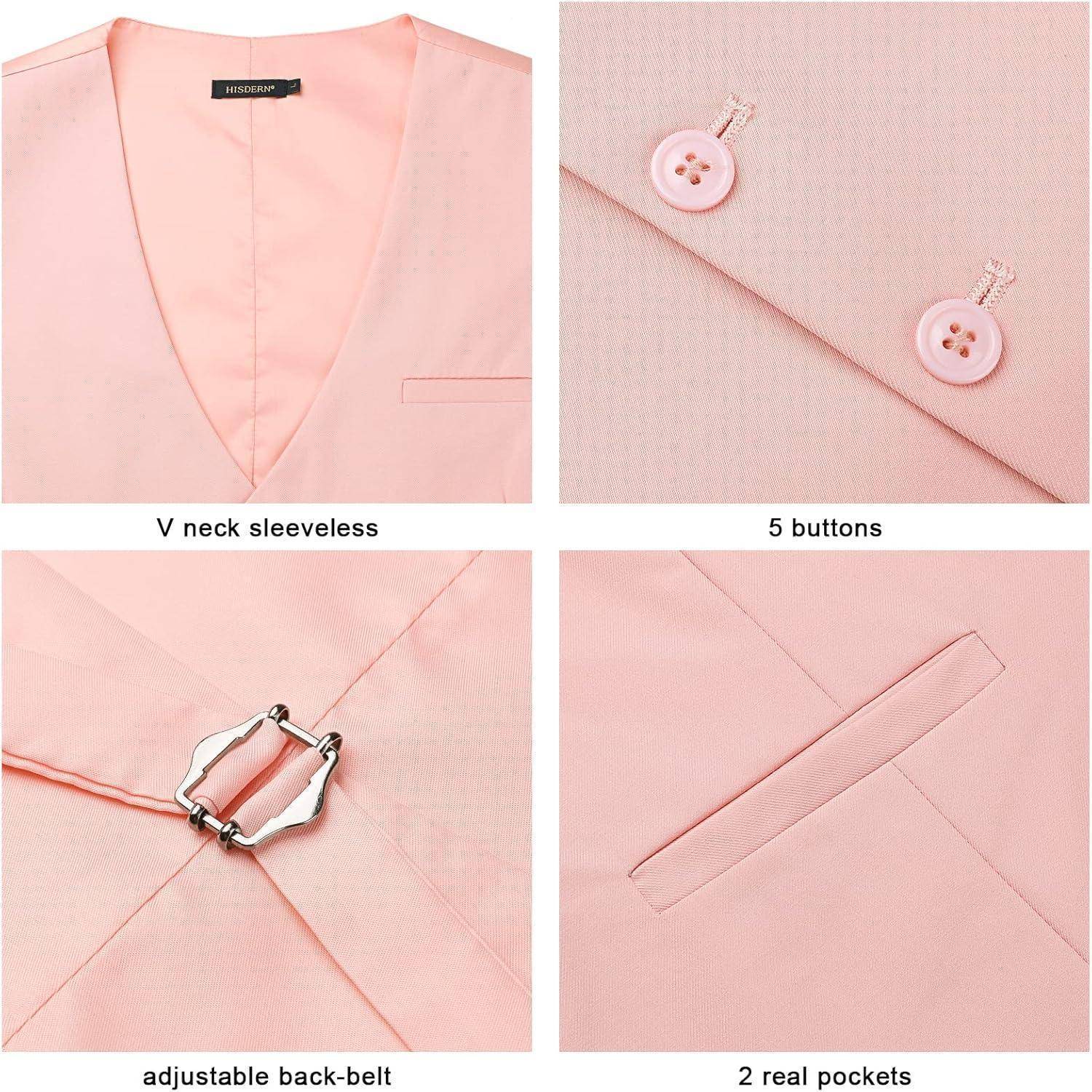 Collage eines rosa Westen mit Merkmalen: V-Ausschnitt ärmellos, fünf Knöpfe, verstellbarer Rückengürtel, zwei echte Taschen.