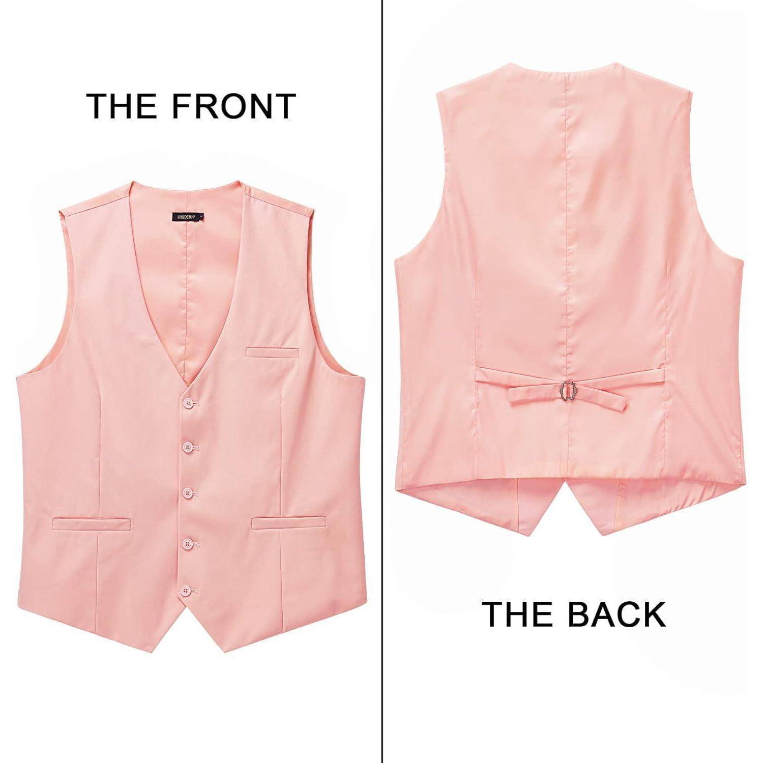 Eine rosa Weste mit drei Knöpfen und zwei Taschen, von vorne und hinten gezeigt. Die Rückseite verfügt über einen kleinen verstellbaren Riemen mit einer Schnalle.