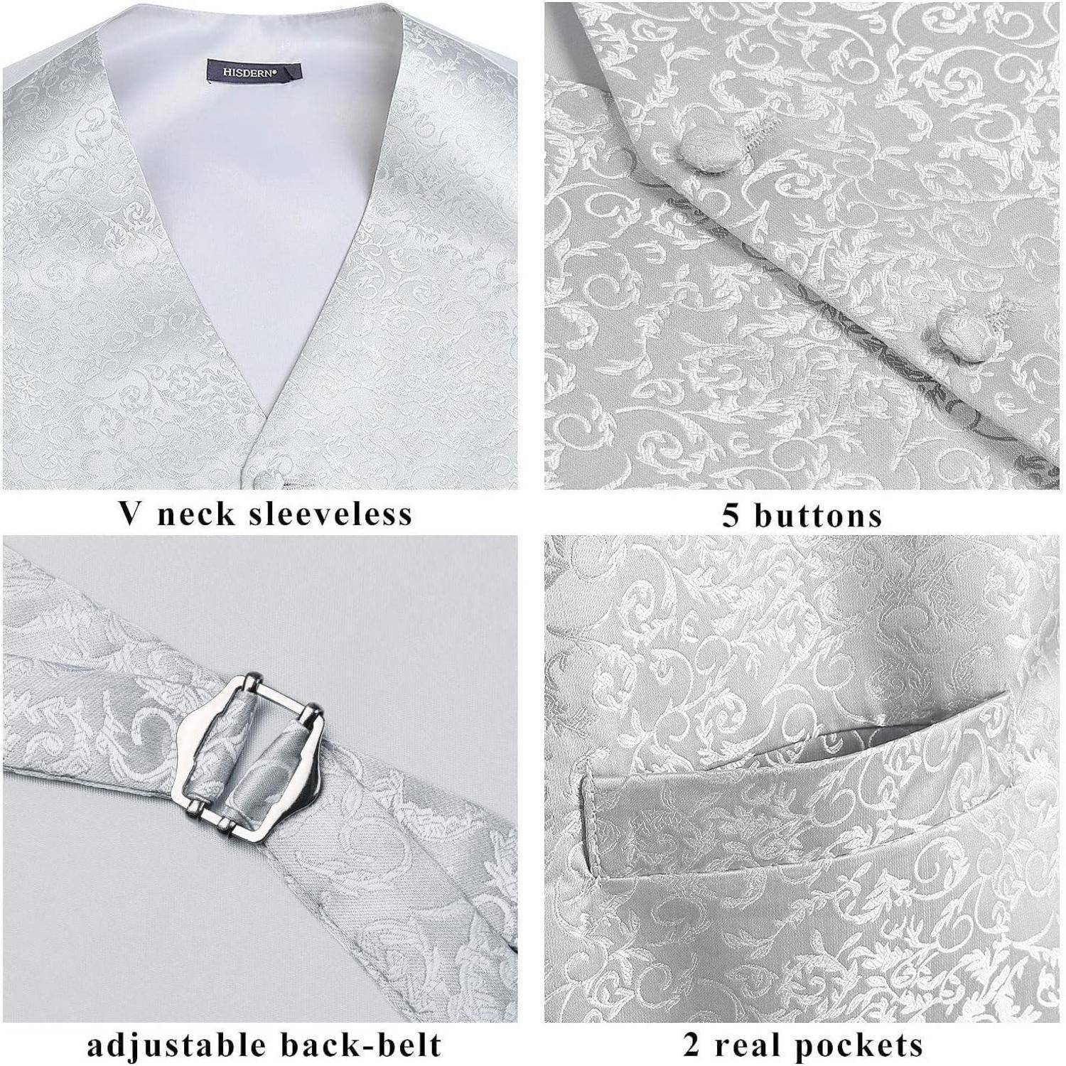 Silberne formelle Weste Details: V-Ausschnitt, ärmellos, 5 Knöpfe, verstellbarer Rückengürtel, 2 echte Taschen mit dezenter Blumenmusterung.