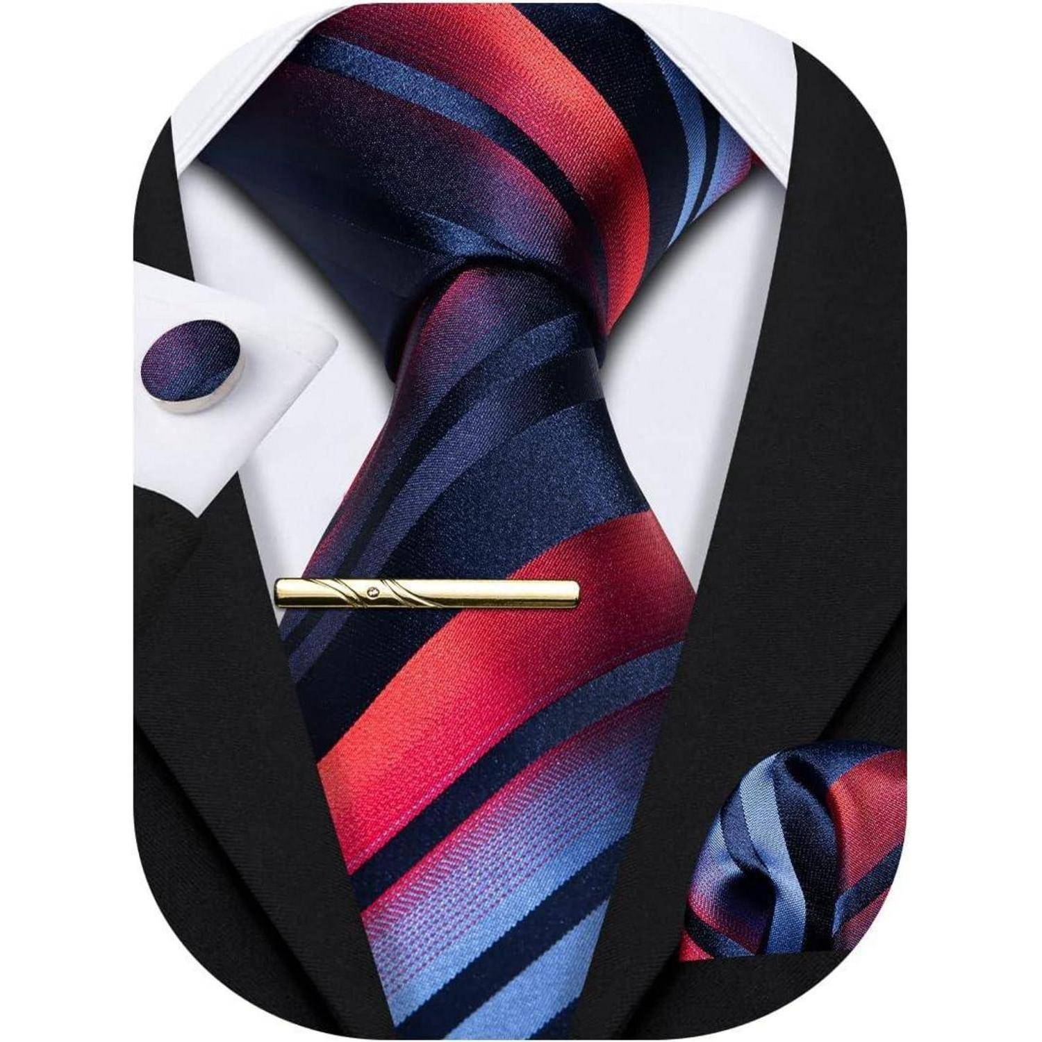 Krawatten Set Herren Seide Manschettenknopf Marine Rot Blau