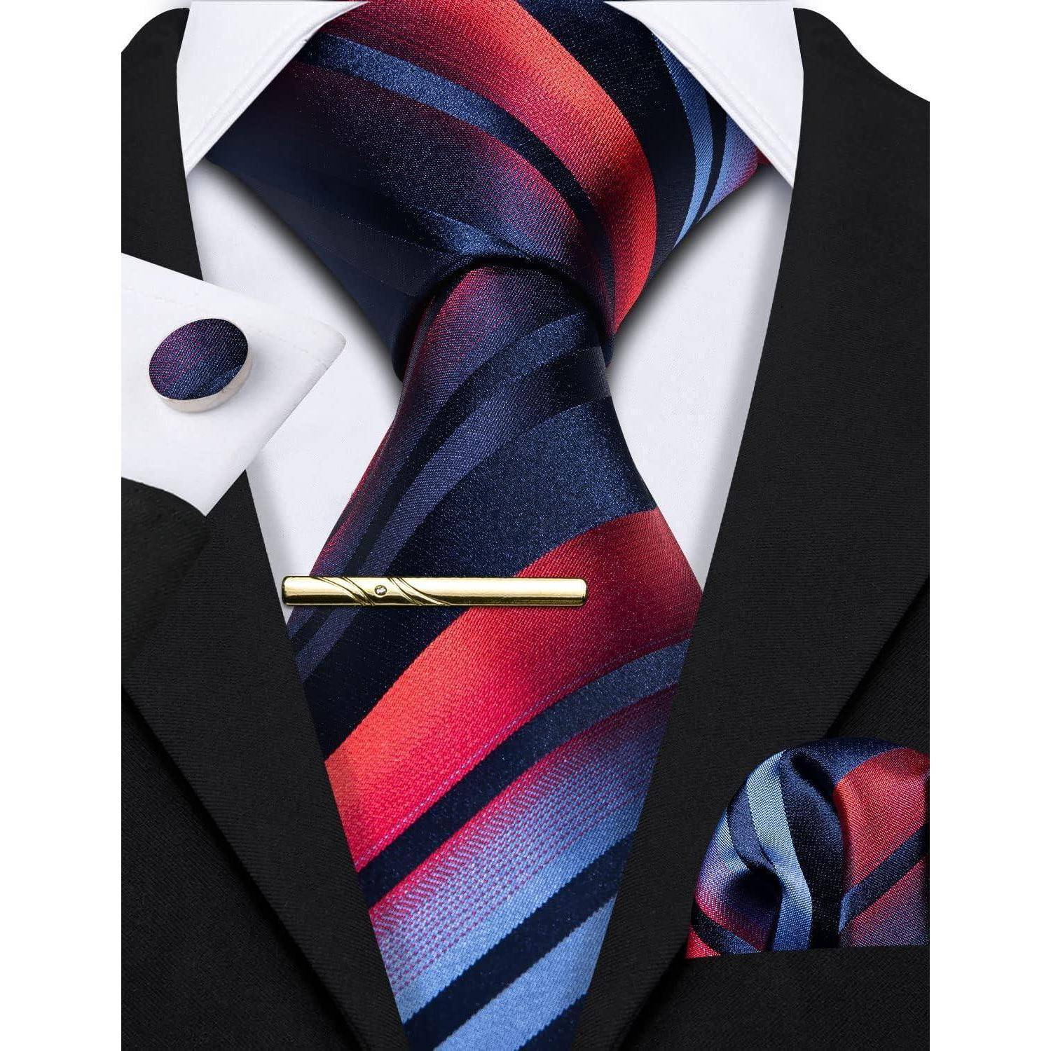 Krawatten Set Herren Seide Manschettenknopf Marine Rot Blau