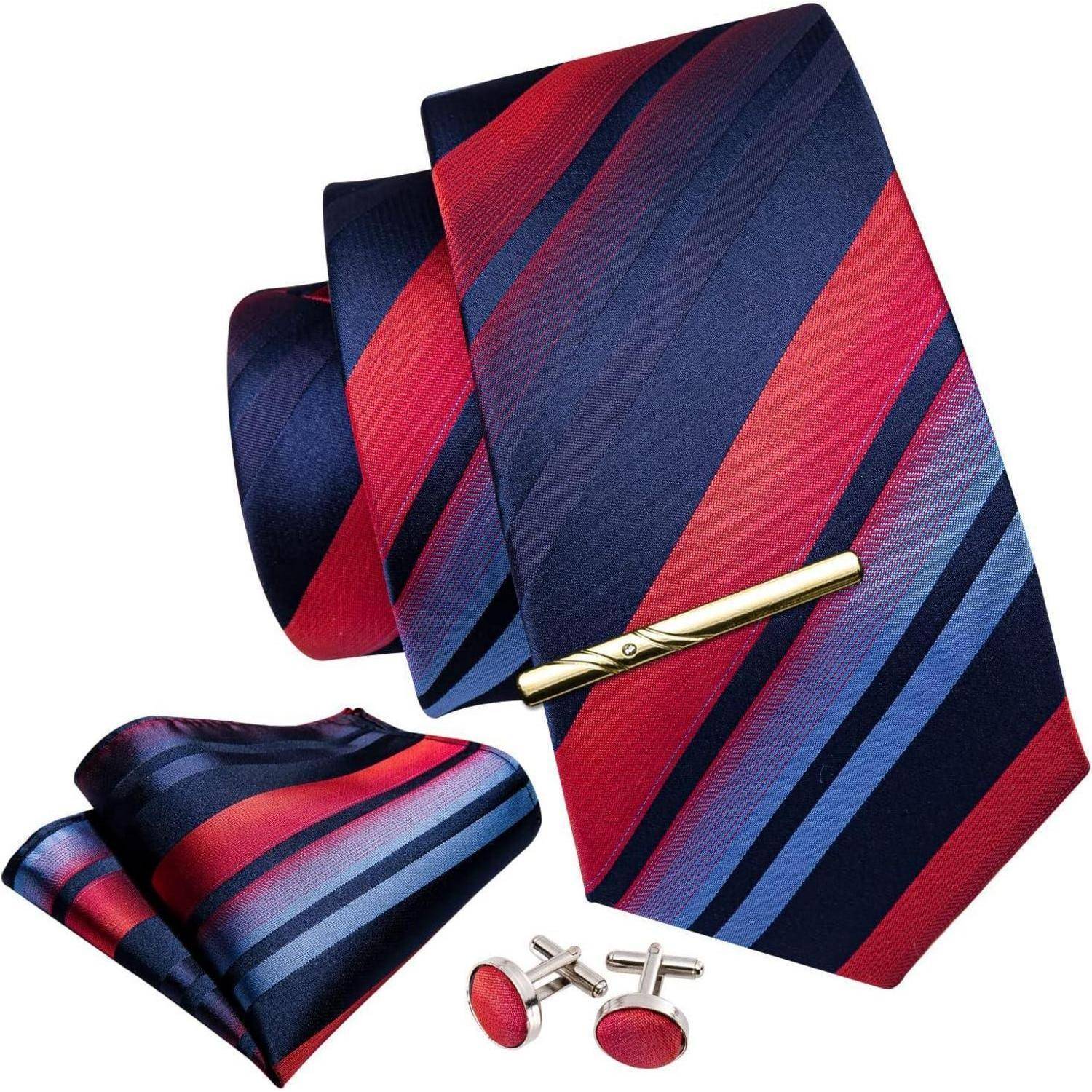 Krawatten Set Herren Seide Manschettenknopf Marine Rot Blau