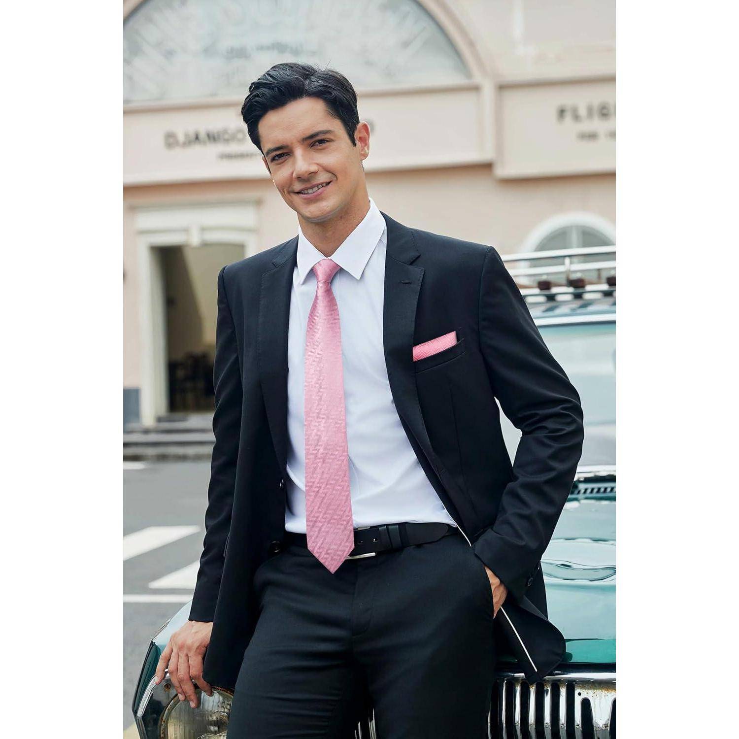 Krawatte Herren Hochzeit Einstecktuch Hahnentritt Rosa-1
