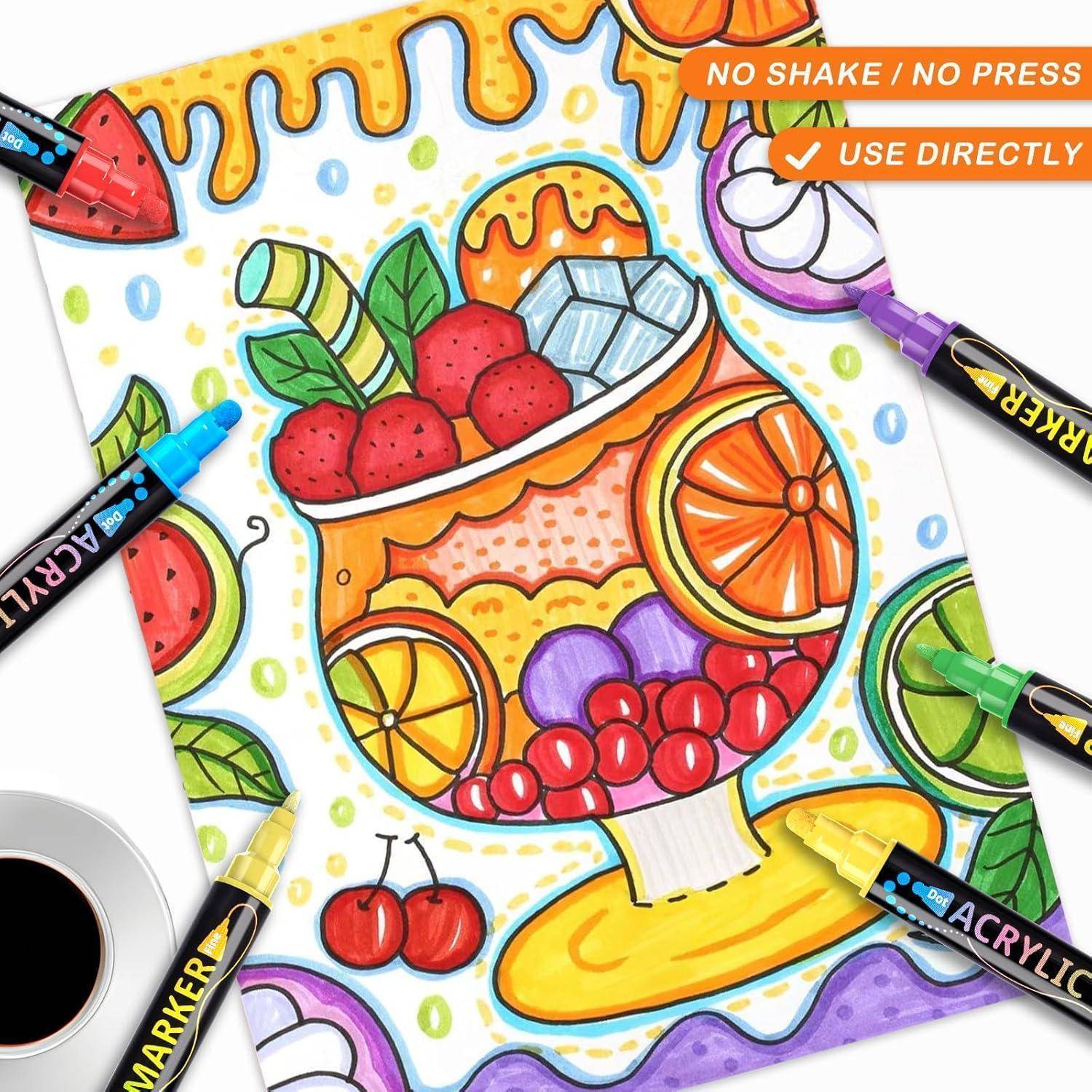 Ein buntes, comichaftes Bild eines Fruchtdesserts in einer Glasschüssel, umgeben von Markern und Künstlerzubehör, mit dem Text: 