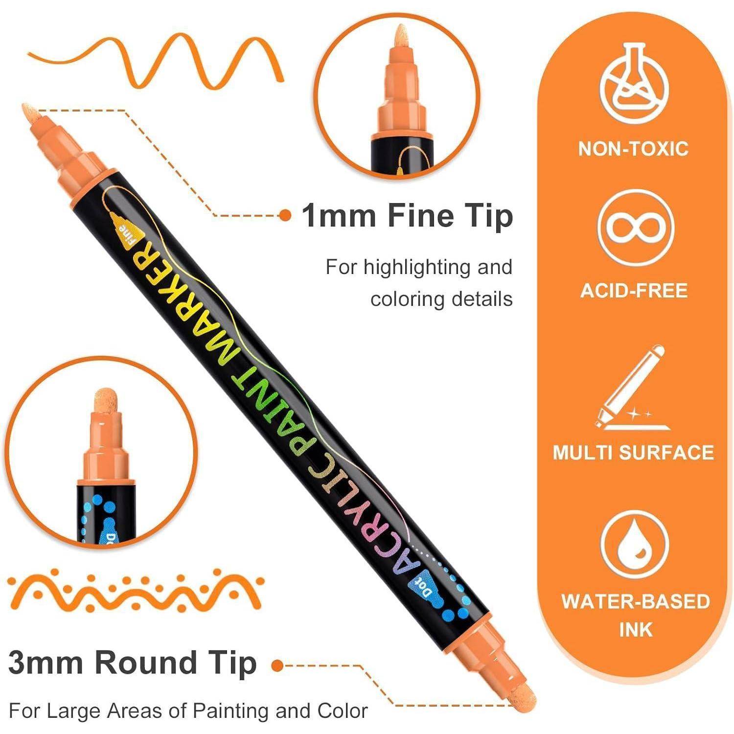 Acryl-Lackmarker mit auswechselbarer 1-mm-Feintspitze zum Detaillieren und 3-mm-Rundspitze für größere Bereiche. Eigenschaften: nicht giftig, säurefrei, geeignet für verschiedene Oberflächen und wasserbasierte Tinte.