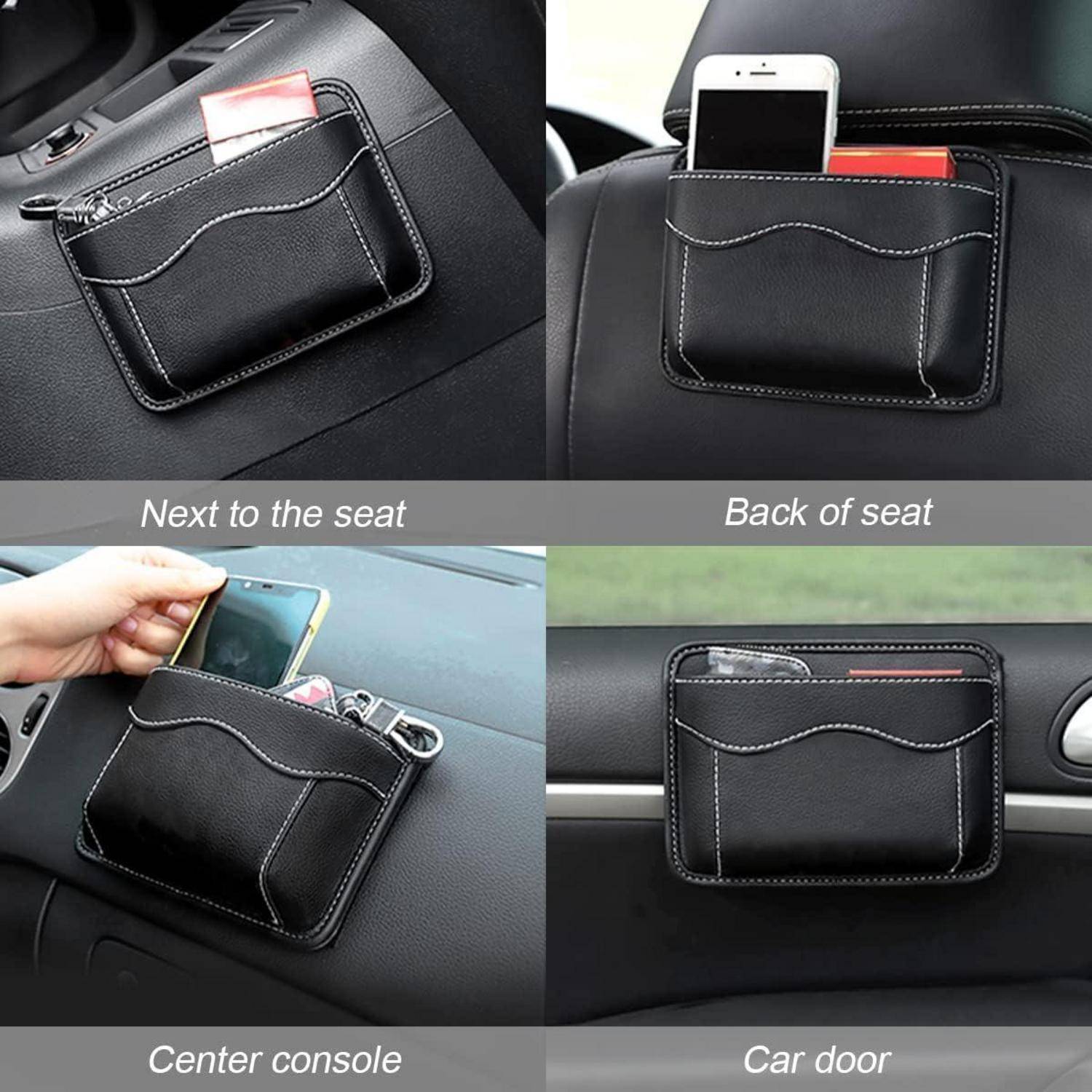 Das Bild zeigt verschiedene Platzierungsmöglichkeiten für einen schwarzen Leder-Handyhalter im Auto: neben dem Sitz, an der Rückseite des Sitzes, in der Mittelkonsole und an der Autotür.