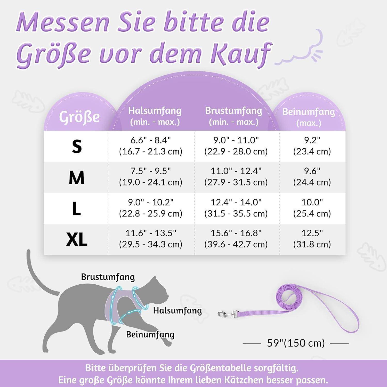 Größentabelle für Katzengeschirre: S, M, L, XL. Maße in Zoll und cm für Hals-, Brust- und Beinumfang. Bild einer Katze.