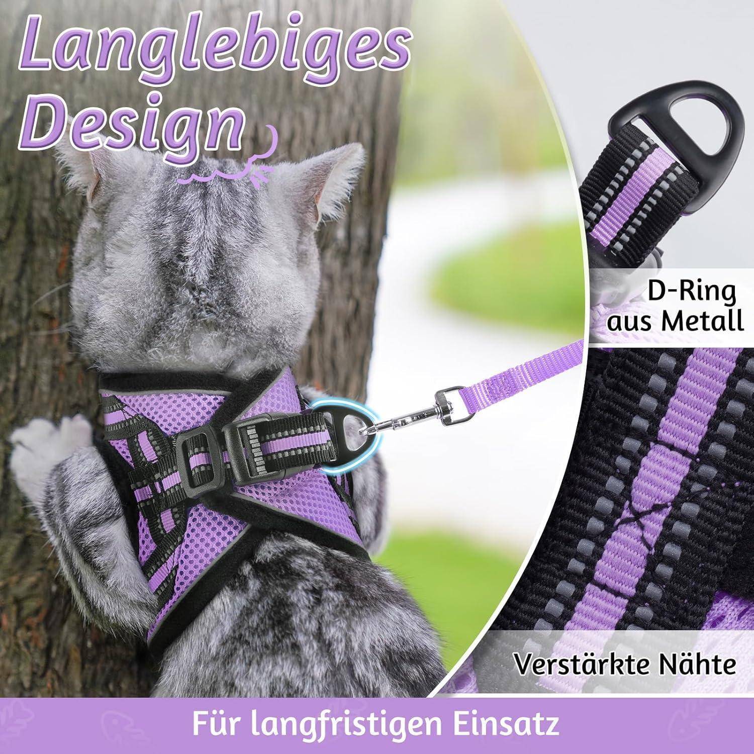 Eine Katze mit einem lila Geschirr ist mittels einer Leine an einem Baum befestigt. Text besagt: 