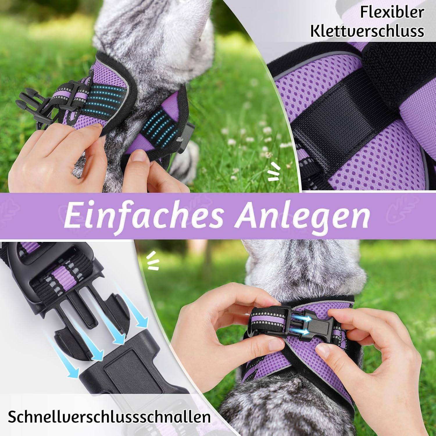Eine Person passt ein lila-schwarzes Hundegeschirr mit dem Text 'Einfaches Anlegen' an. Das Geschirr verfügt über flexiblen Klettverschluss und schnell zu öffnende Schnallen.