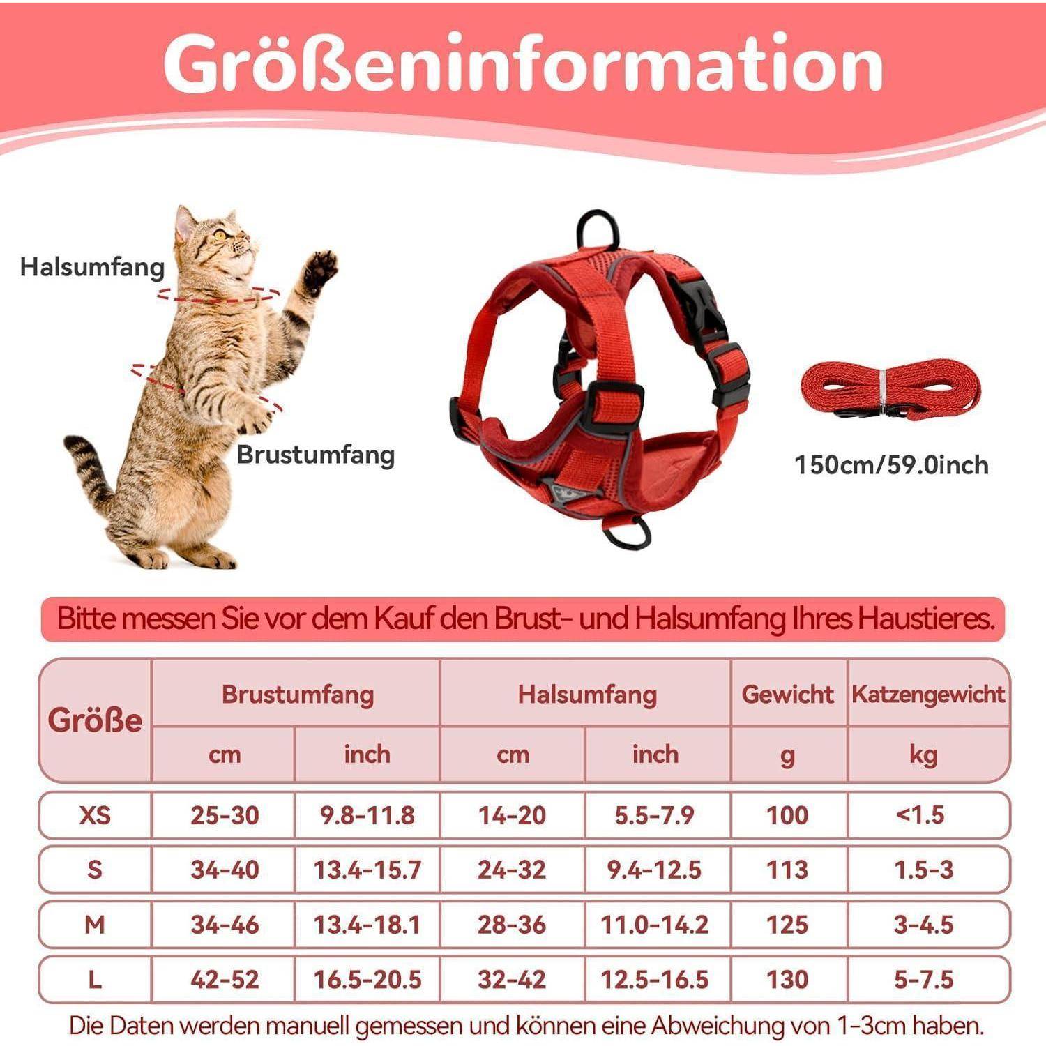 Katzengeschirr Ausbruchsicher Verstellbar Leine Set Kitten L Rot