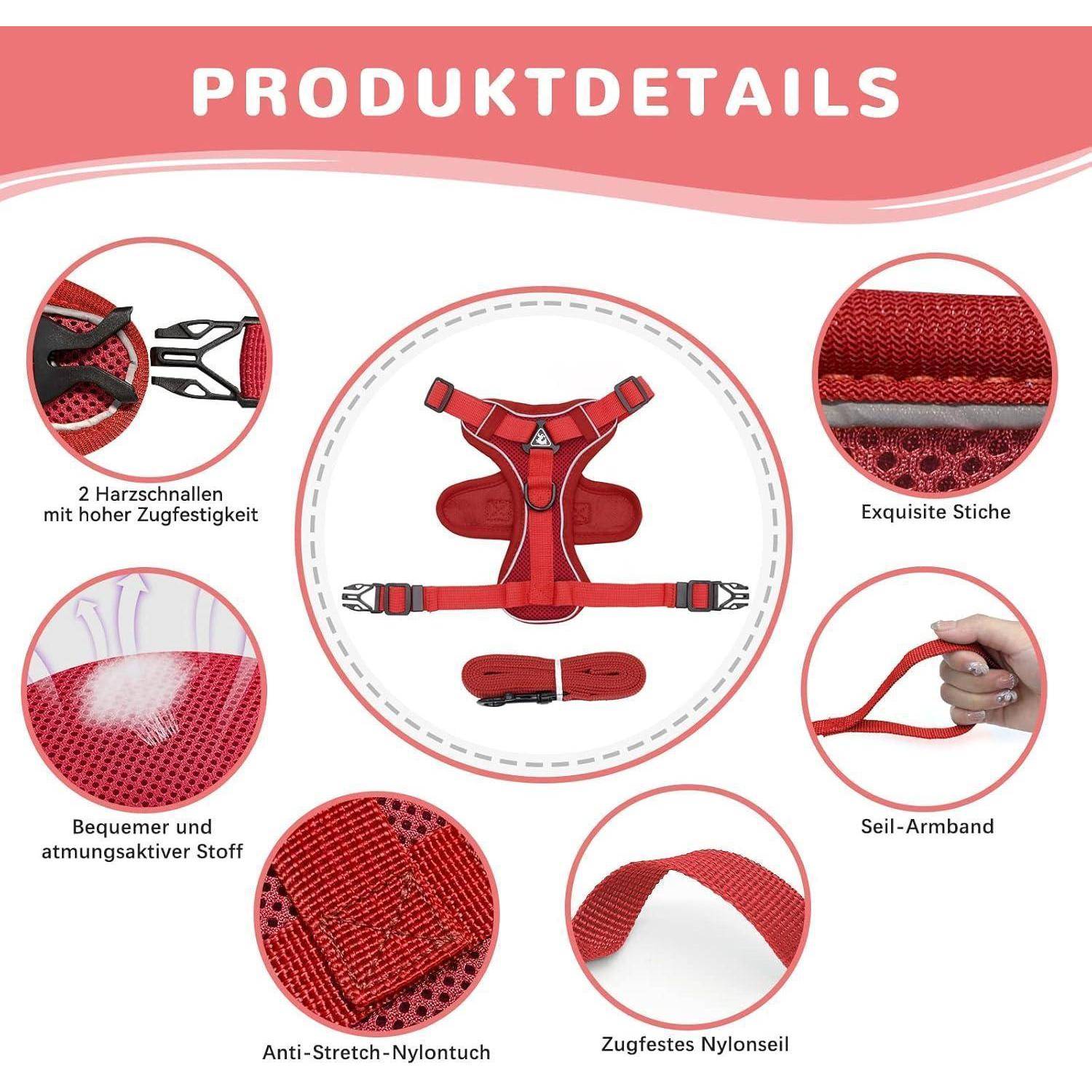 Bild zeigt ein rotes Geschirr mit folgenden Merkmalen: hochfeste Schnallen, exquisite Nähte, atmungsaktiver Stoff, Nylon-Stretch, Nylon-Zugseil, Handgelenkschlaufe.