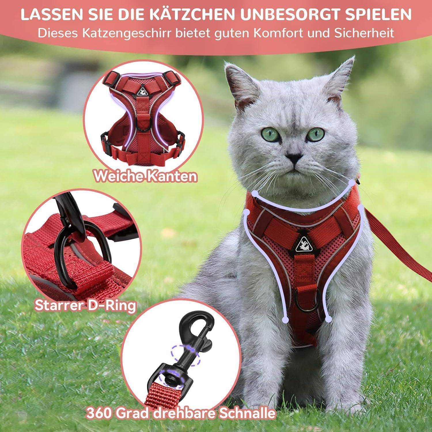 Eine Katze, die ein rotes Geschirr trägt, das weiche Kanten, einen stabilen D-Ring und einen um 360 Grad drehbaren Verschluss aufweist und Komfort und Sicherheit fördert.