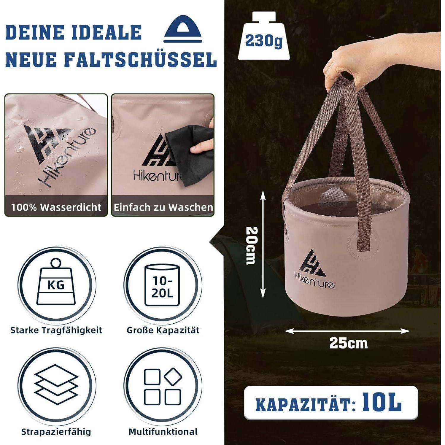 Faltschüssel Falteimer Camping 10L 15L 20L Planengewebe Rund-khaki 10L