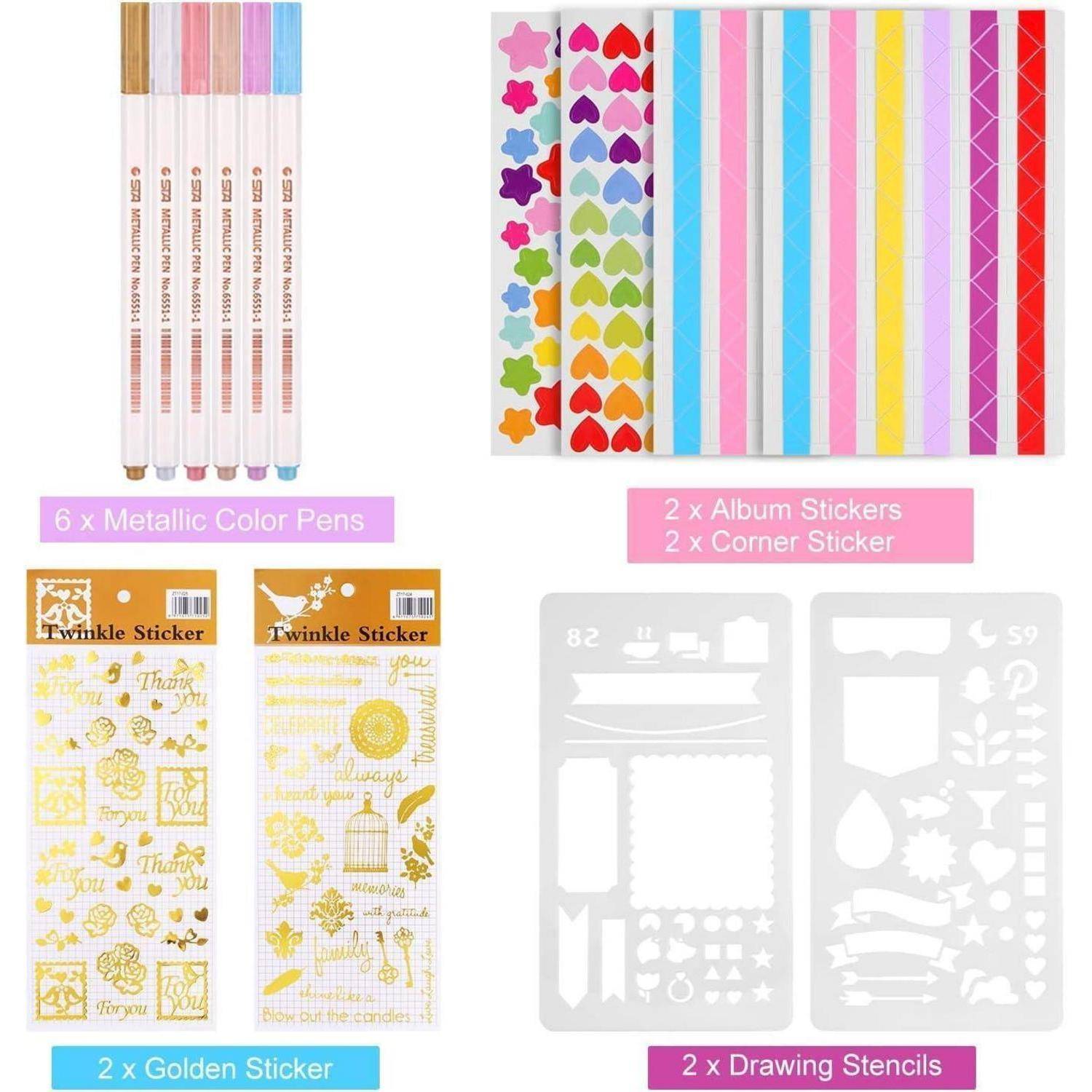 Ein Set mit Künstlerbedarf, bestehend aus 6 metallischen Stiften, einem Album, Ecken-Stickern, 2 goldenen Stickerbögen und 2 Zeichen-Schablonen.