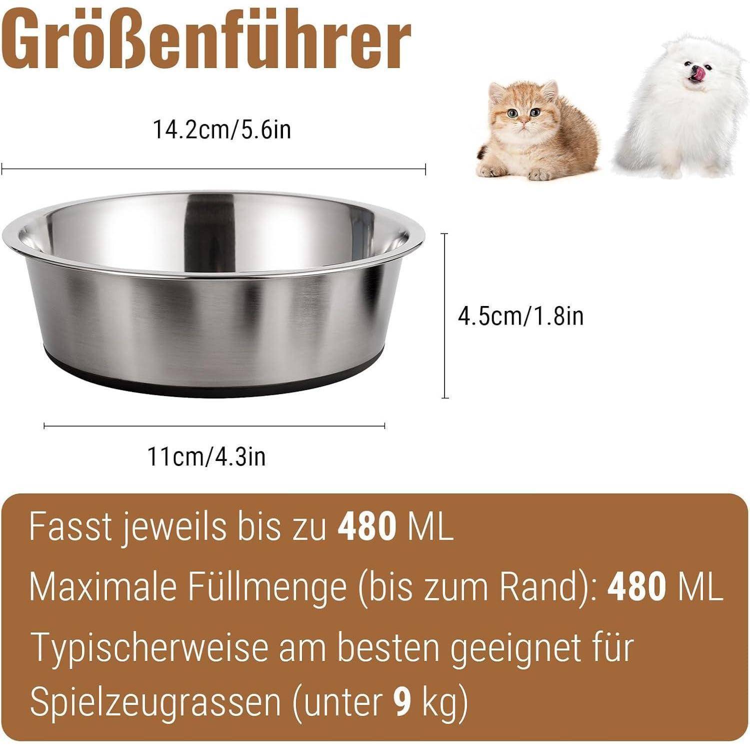 Eine Futternäpfe aus Edelstahl mit einem Fassungsvermögen von 480 ML. Geeignet für kleine Hunderassen und Katzen. Dekorative Bilder einer Katze und eines flauschigen Hundes.