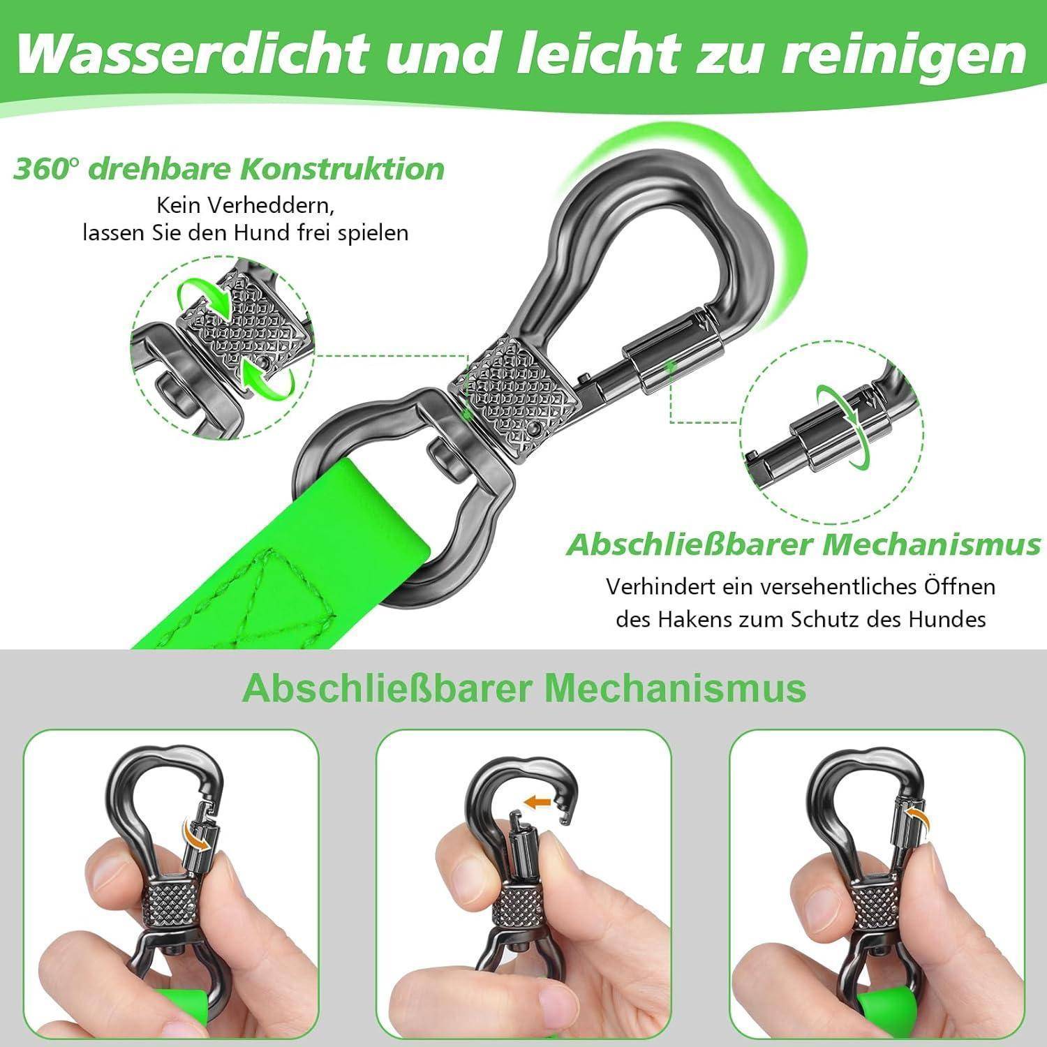 Das Bild zeigt einen Metallkarabiner mit einem Verschließmechanismus, der an einem leuchtend grünen Gurt befestigt ist. Merkmale: '360° Drehdesign', 'verriegelbarer Mechanismus'.