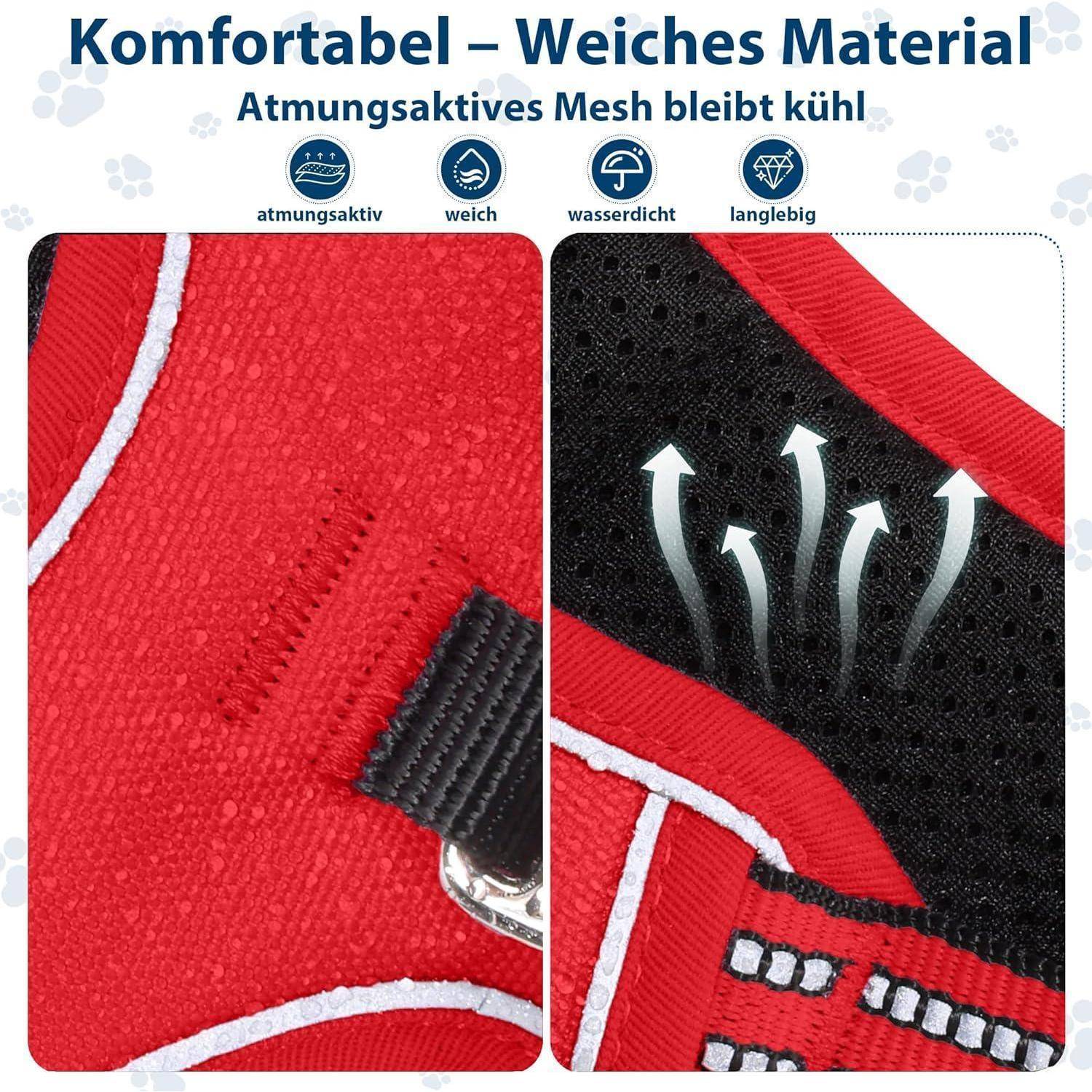 Komfortabel – Weiches Material' wird mit einem Schwerpunkt auf den Eigenschaften des Maschenstoffs hervorgehoben: atmungsaktiv, weich, wasserdicht und langlebig.