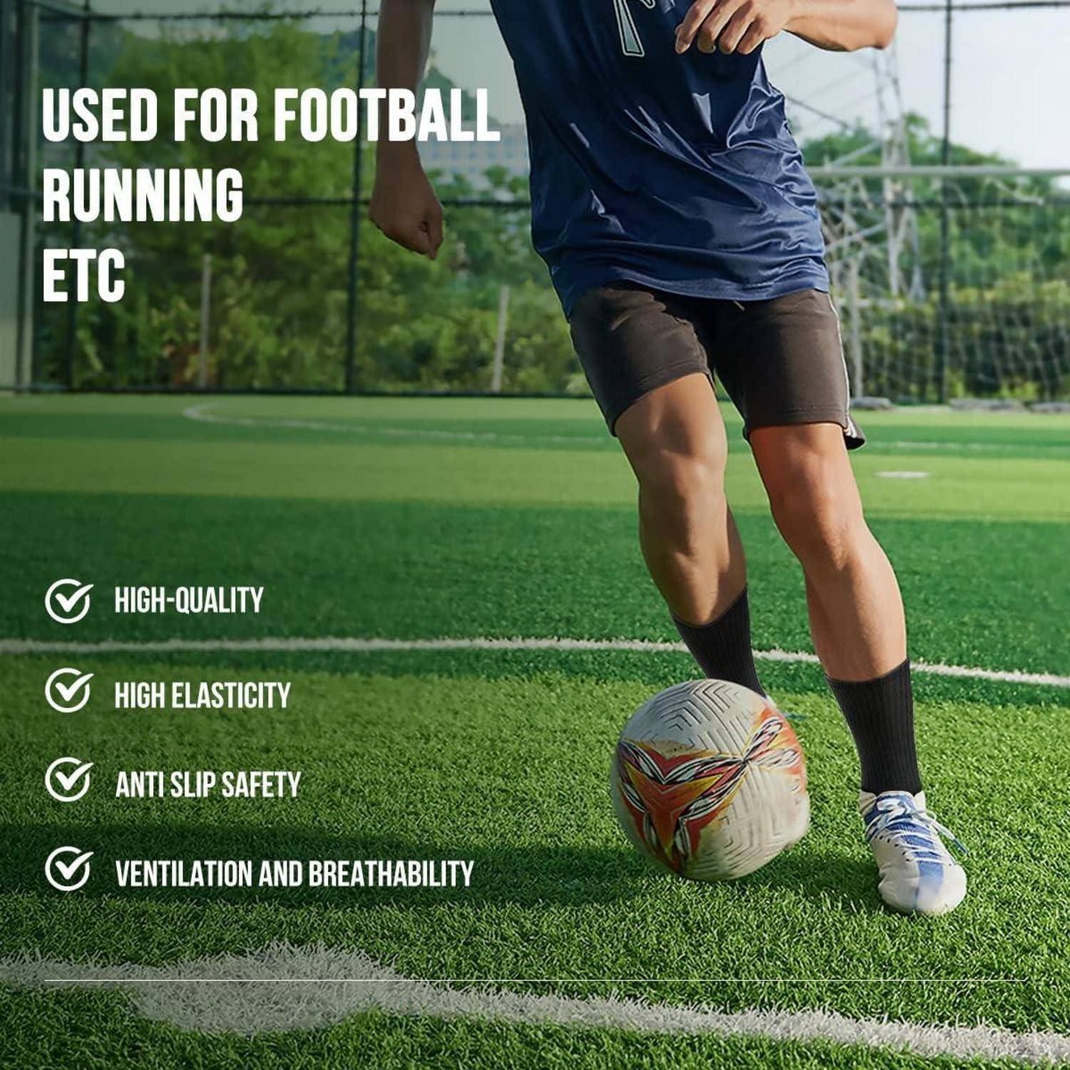 Eine Person mit Sportschuhen steht auf einem Rasenfeld mit einem Fußball. Der Text hebt die Merkmale der Schuhe hervor: hochwertig, rutschfest, sicher, mit Belüftung und atmungsaktiv.