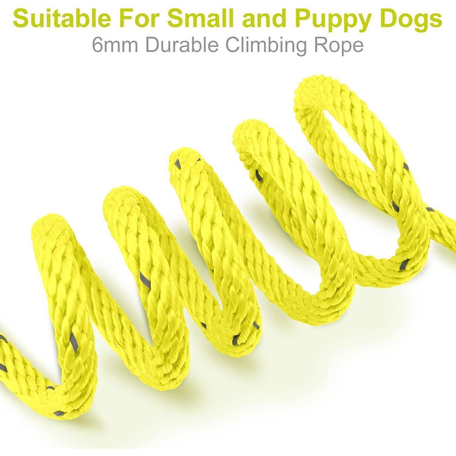 Gelbes Kletterseil in Spiralform aufgerollt, mit Text darüber: 'Geeignet für kleine und Hundewelpen - 6mm robustes Kletterseil