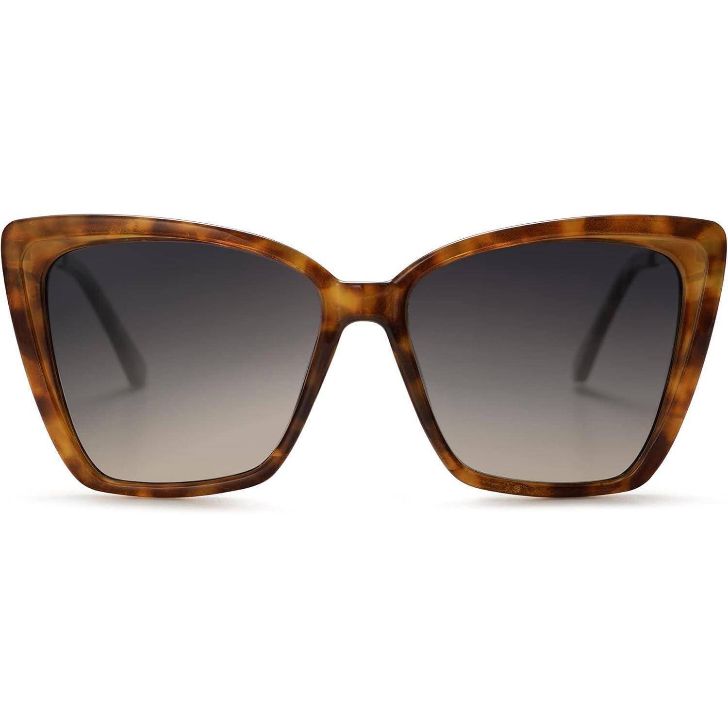 Schildpatt-Katzenaugen-Sonnenbrille mit dunkel verlaufenden Gläsern, von vorne betrachtet.