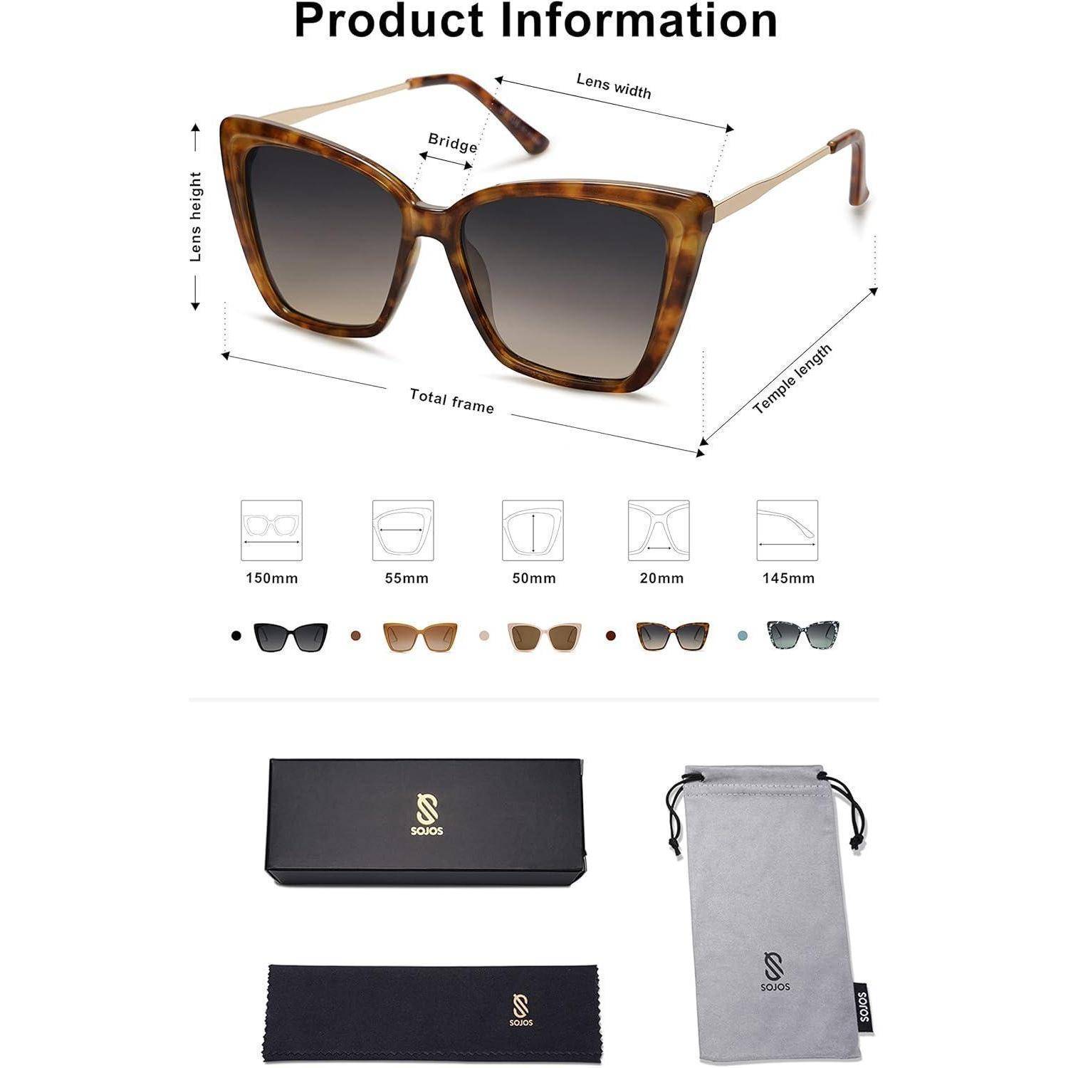 Sonnenbrille mit Schildpattrahmen und schwarzen Gläsern. Diagramm enthält Maße: Rahmenbreite 150 mm, Glasbreite 55 mm, Steg 20 mm, Bügel 145 mm.Inklusive Etui und Reinigungstuch.