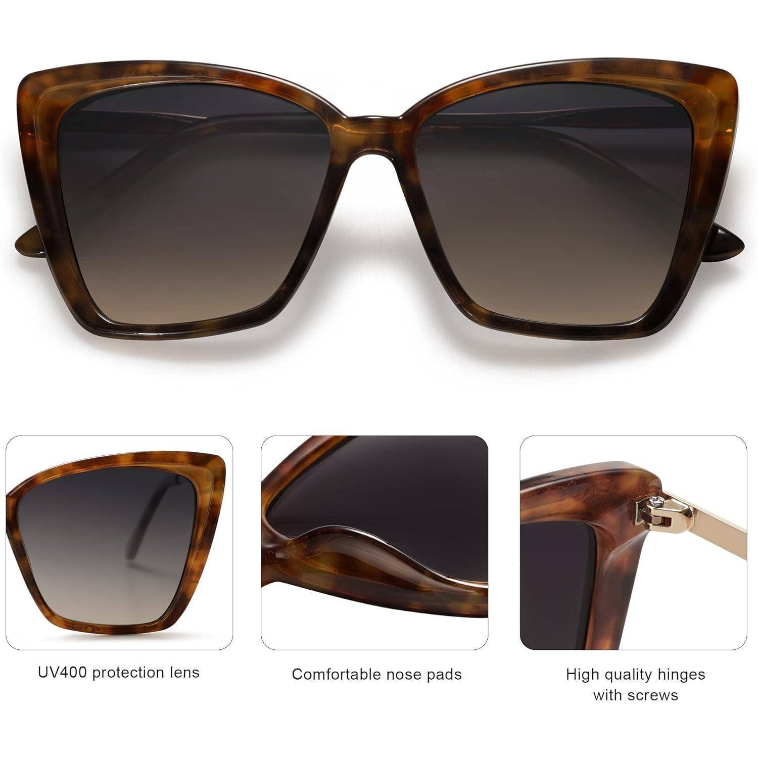 Sonnenbrille mit Schildpattrahmen, quadratischer Form, ausgestattet mit UV400-Schutzgläsern, komfortablen Nasenstegen und hochwertigen Scharnieren.