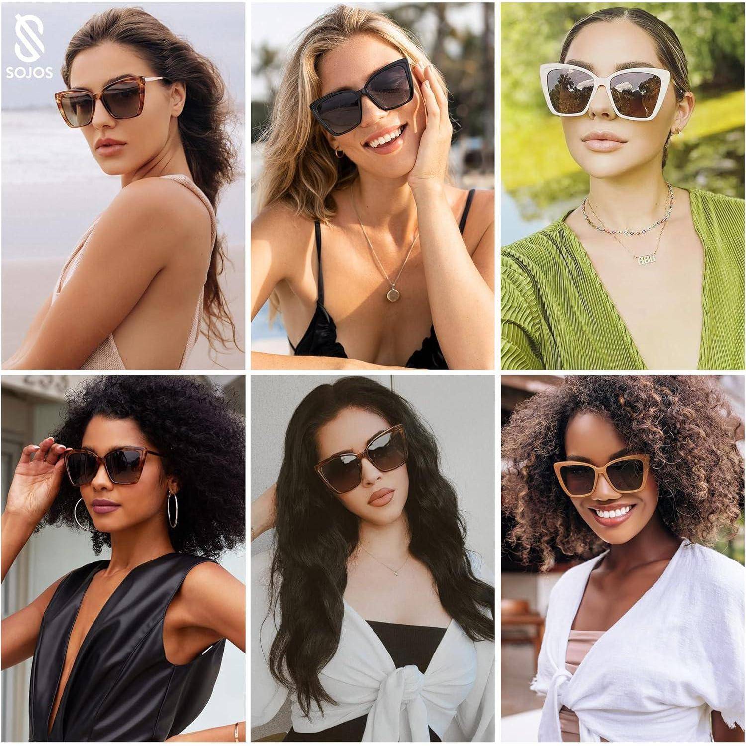 Collage von sechs Frauen, die verschiedene Sonnenbrillenmodelle in Außenumgebungen tragen und dabei unterschiedliche Modeoutfits und Gesichtsausdrücke präsentieren.