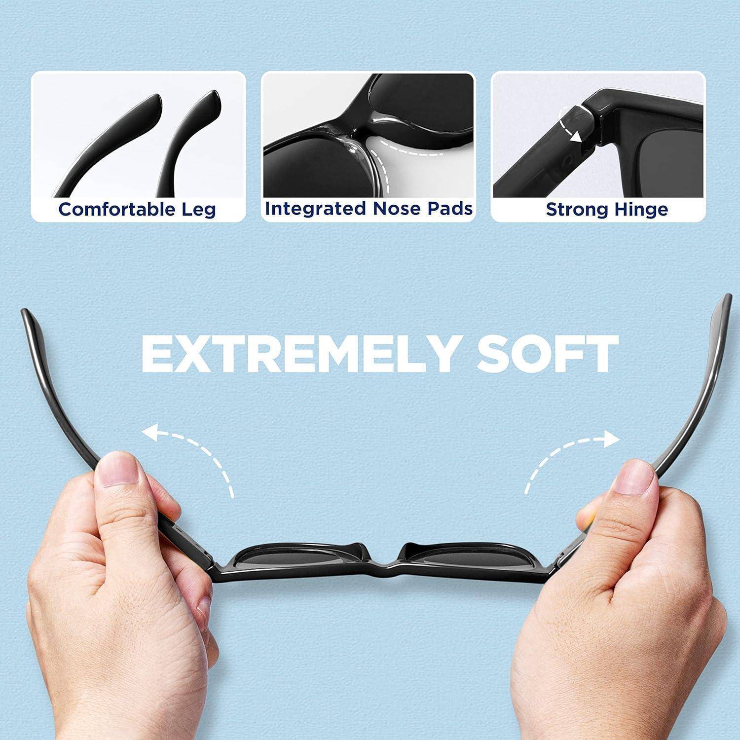 Person holding Sonnenbrille und betont Komfortmerkmale: „Bequemes Gestell", „Integrierte Nasenstege"" und „Stabiles Scharnier"". Text „EXTREM WEICH"" unterstreicht Flexibilität.