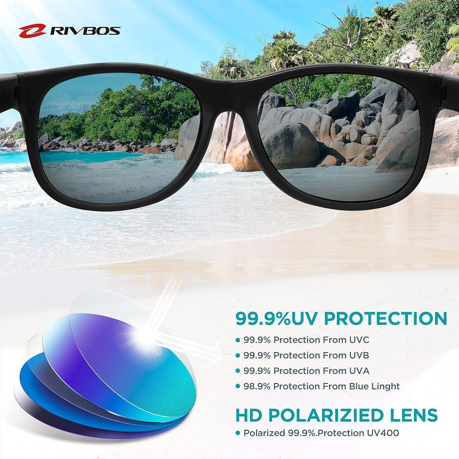 Sonnenbrille zeigt eine tropische Strandszene durch die Linsen. Der Text hebt die Eigenschaften '99,9% UV-Schutz' und 'HD polarisierte Linse' hervor.