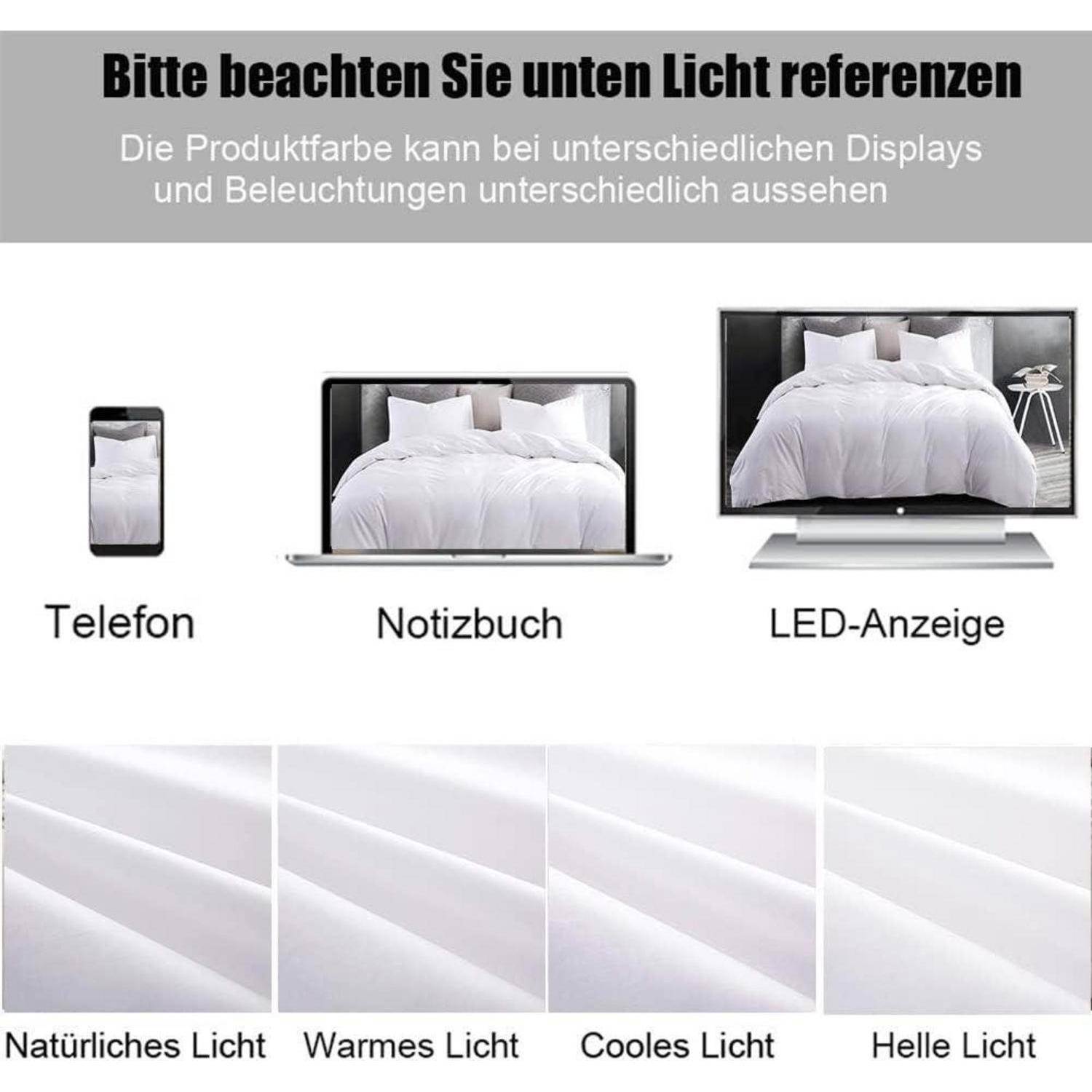 Bild zeigt einen Vergleich der Bettfarbe unter verschiedenen Beleuchtungen auf Smartphone, Laptop und Fernseher. Dargestellt werden natürliche, warme, kühle und helle Beleuchtungseffekte. Deutscher Text weist darauf hin, dass die Farbe variieren kann.