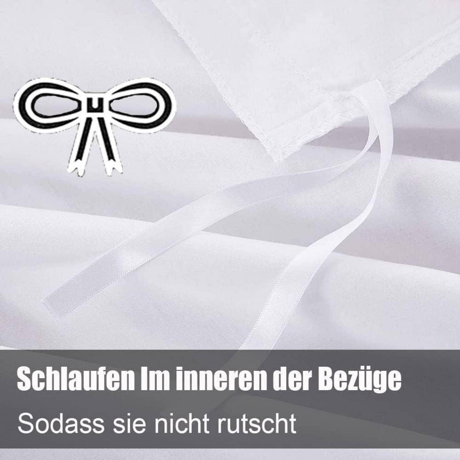 Eine Nahaufnahme von weißen Betttüchern mit einem Bänder- und Schlaufensystem, um Verrutschen zu verhindern. Deutscher Text lautet: 'Schlaufen im Inneren der Bezüge, sodass sie nicht rutscht.