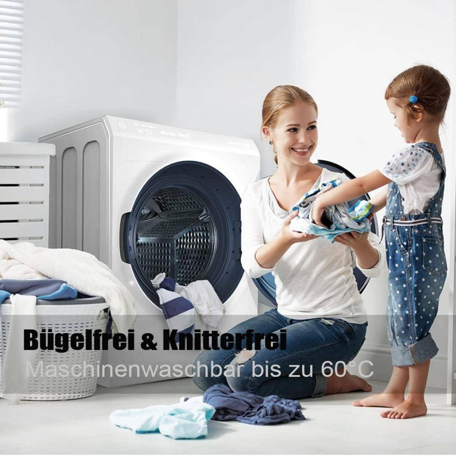 Eine Frau und ein Kind beladen eine Frontlader-Waschmaschine. Text lautet: 'Bügelfrei & Knitterfrei Maschinenwaschbar bis zu 60°C.
