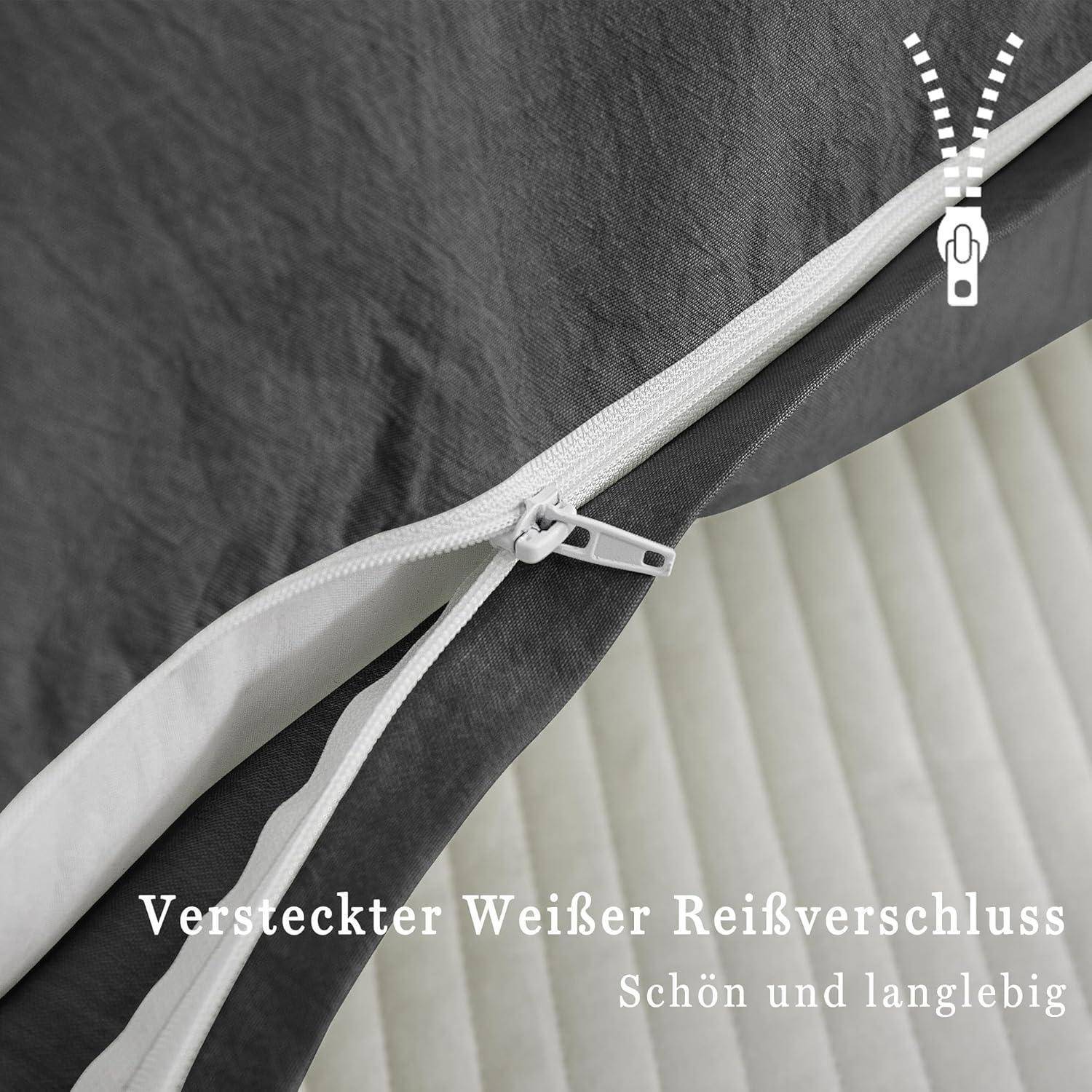 Ein Nahaufnahme eines grauen Stoffes mit einem verdeckten weißen Reißverschluss, der den Text 'Versteckter Weißer Reißverschluss Schön und langlebig' hervorhebt.