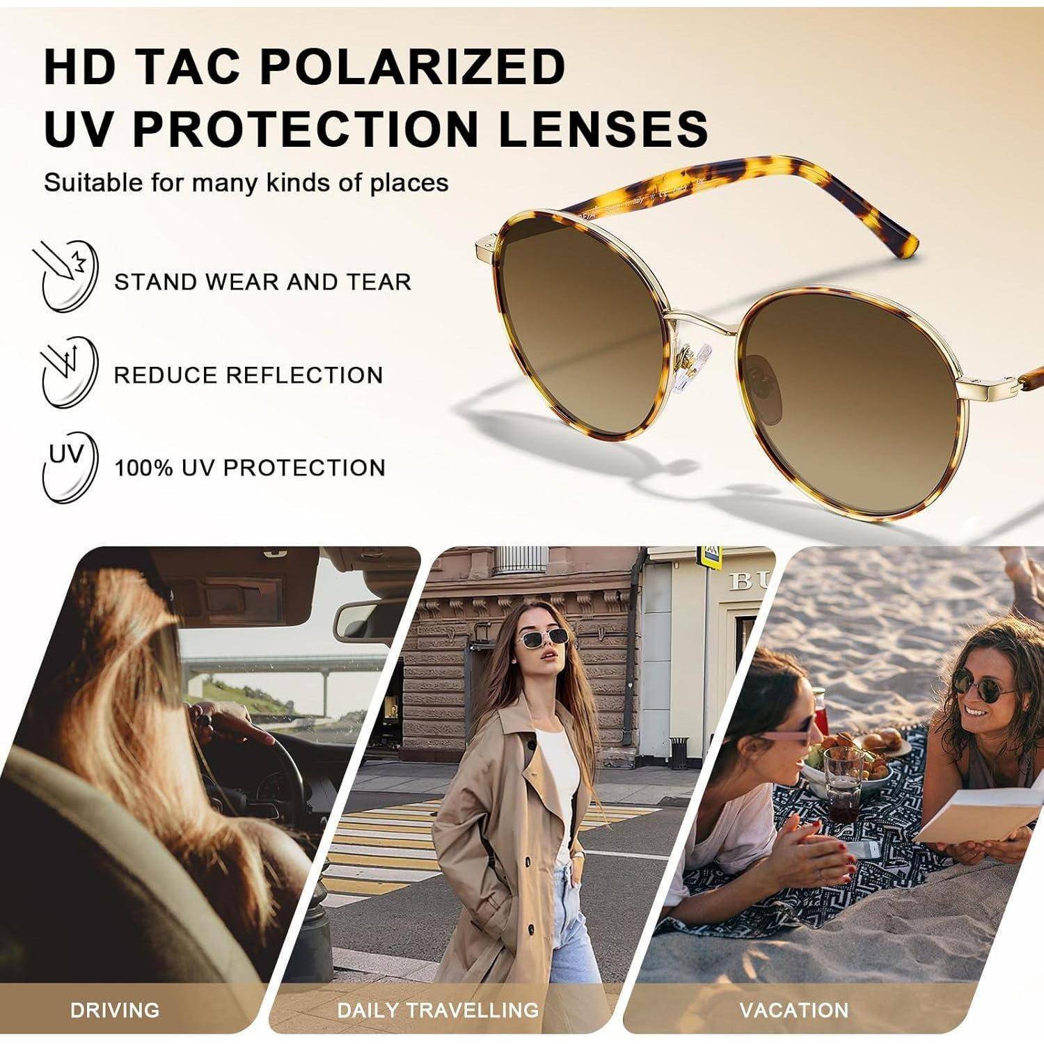 Sonnenbrille Damen Rund Polarisiert 100 UV Schutz Etui V3-braun