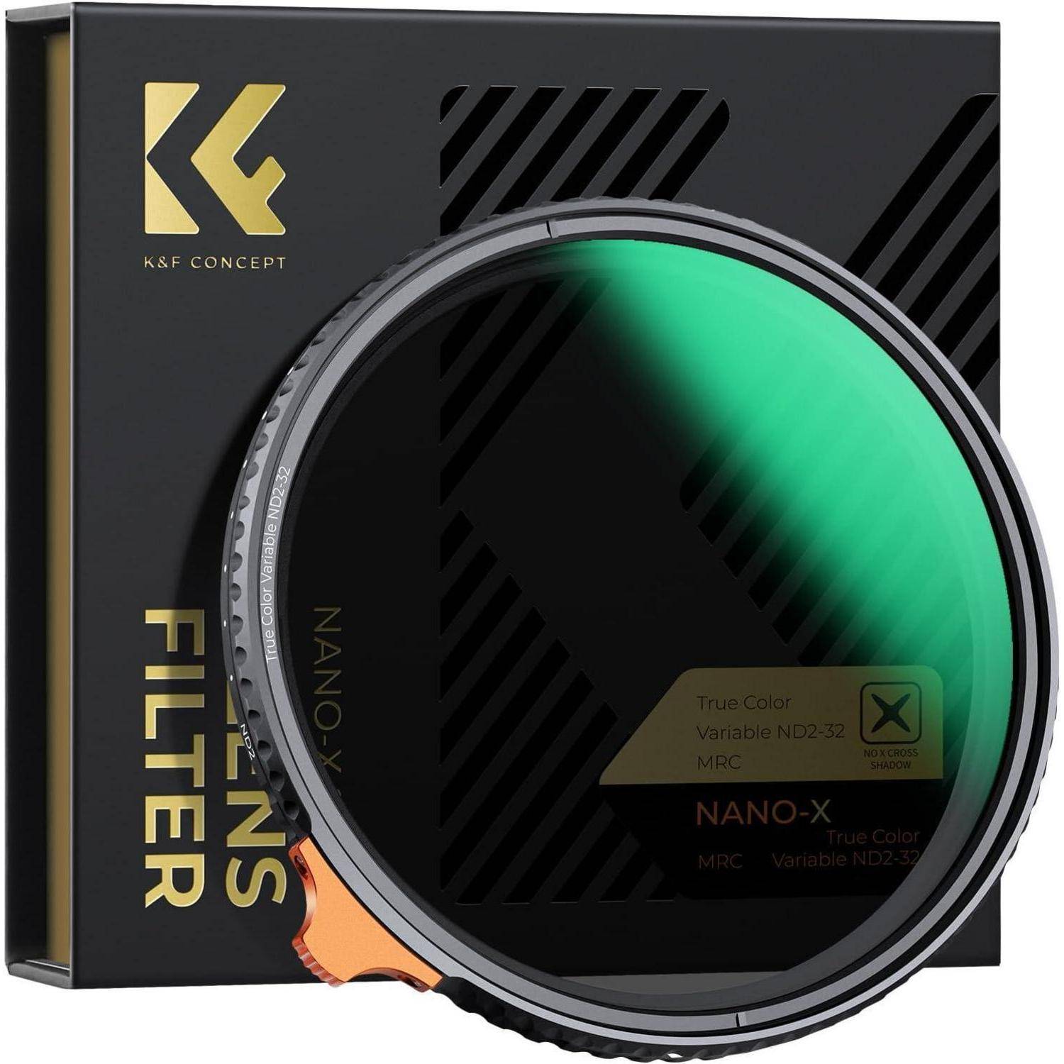 K&F Concept Nano-X ND2–32 Objektivfilter mit True Color-Funktion in schwarzer Verpackung, entwickelt zur Reduzierung der Lichtexposition.