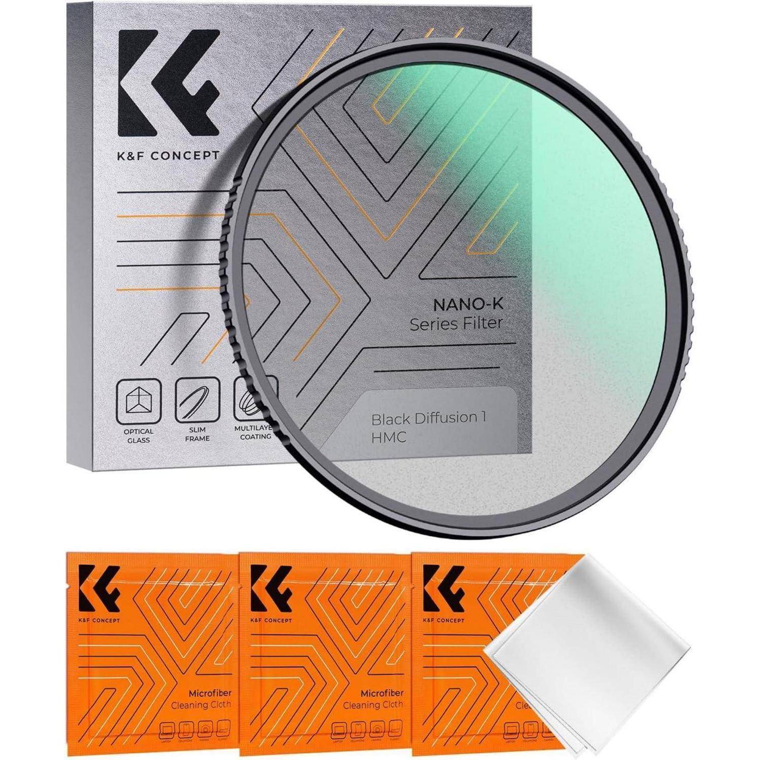 Ein 'K&F Concept Nano-K Series' schwarzer Diffusionsfilter für Kameras neben seiner Verpackung. Enthält drei orange Mikrofaser-Reinigungstücher.